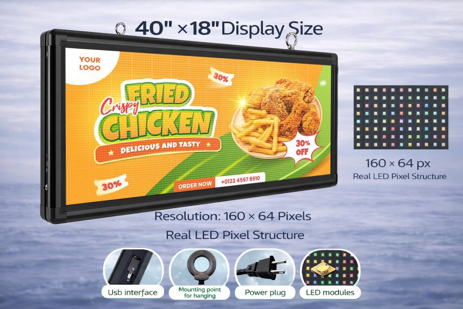P6 Outdoor Full-Color LED Scrolling Sign 40″ × 18″Programmable Digital Display