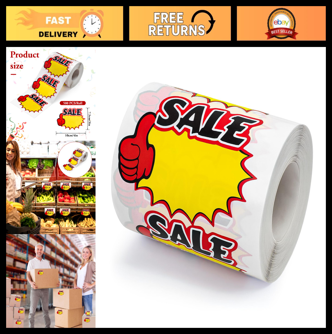 500 Self-Adhesive Sale Stickers – 4″x3″ Starburst Price Tags for Retail Display