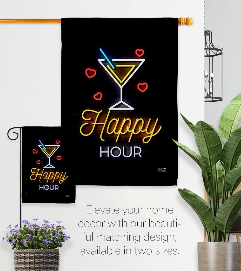 Neon Happy Hour Garden Flag – Beverages Party Drinks Celebrate Fun Summer Beach