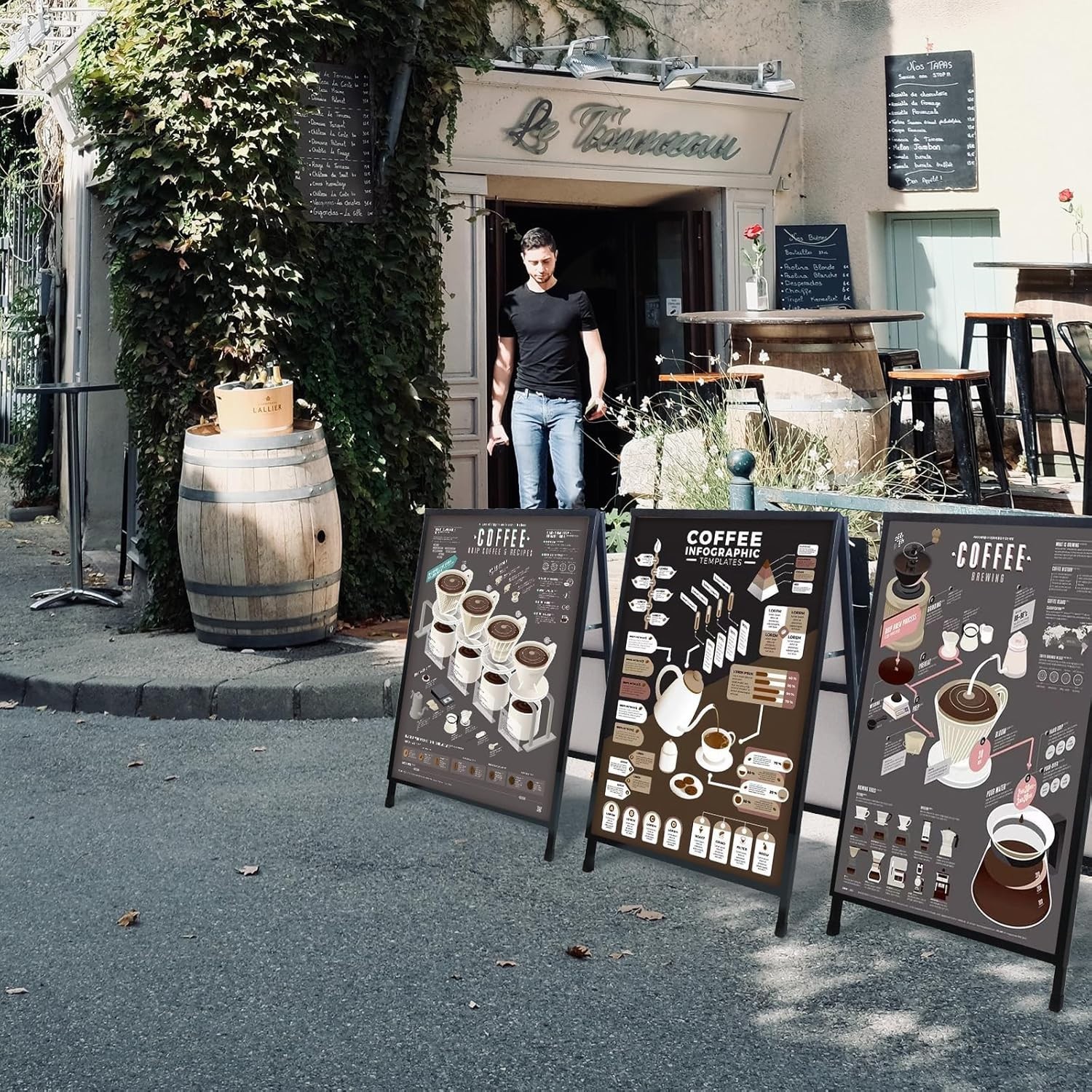 Outdoor Black Sandwich Board Sign 24×36″ with Anti-Glare Protection & Iron Frame