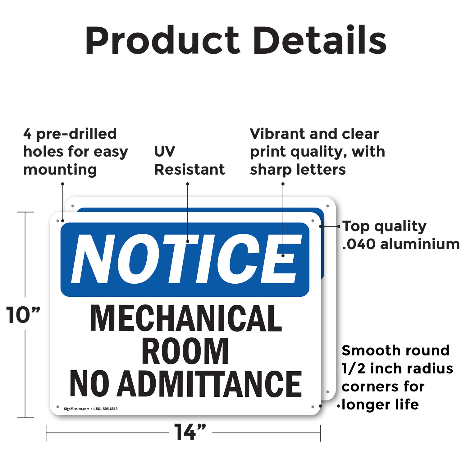 (2 Pack) Mechanical Room No Admittance OSHA Notice Sign Decal Metal Plastic