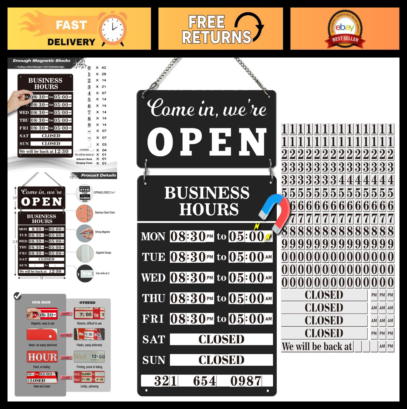Magnetic Business Hours Sign – Double-Sided Open Closed Metal Store Hours for Gl