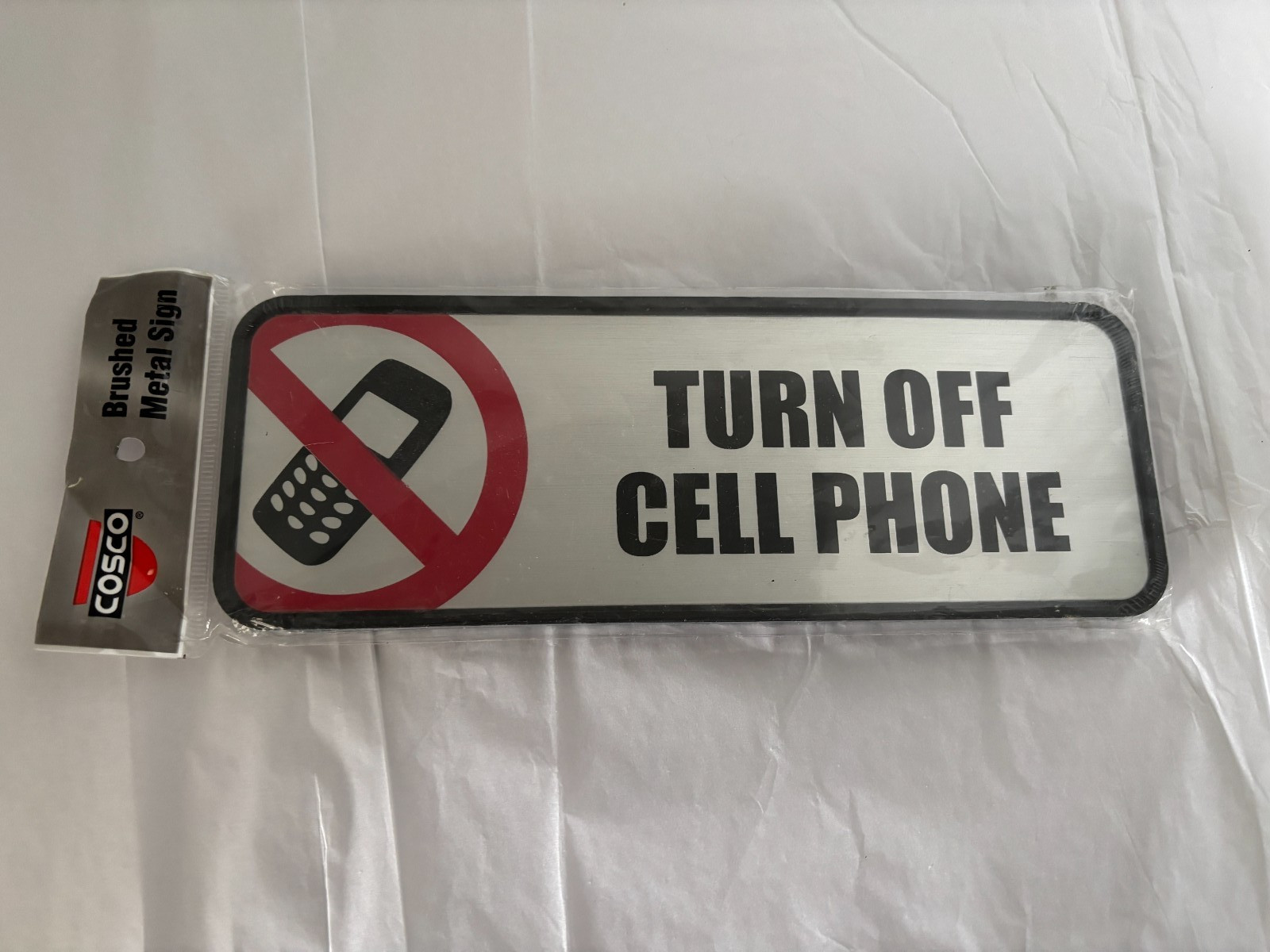 New COSCO Brushed Metal Sign – Turn Off Cell Phone – 3 Inches x 9 Inches