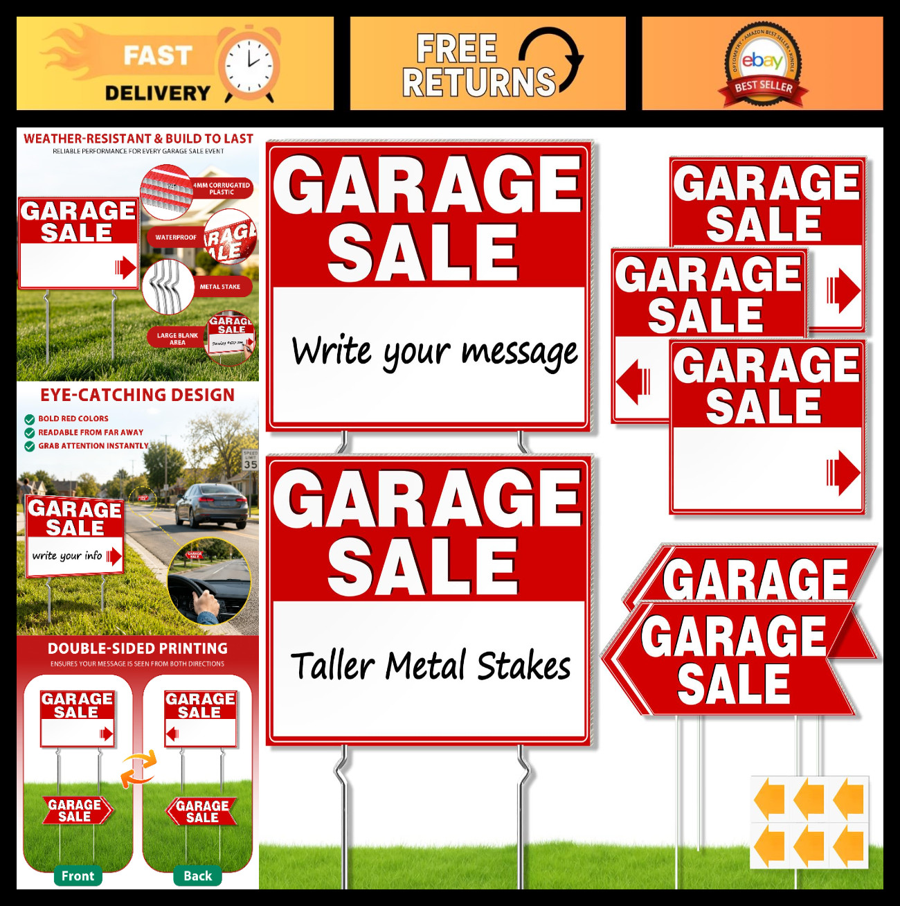 7 Pcs Waterproof Garage Sale Signs with Stakes, Double-Sided Arrow Yard Signs
