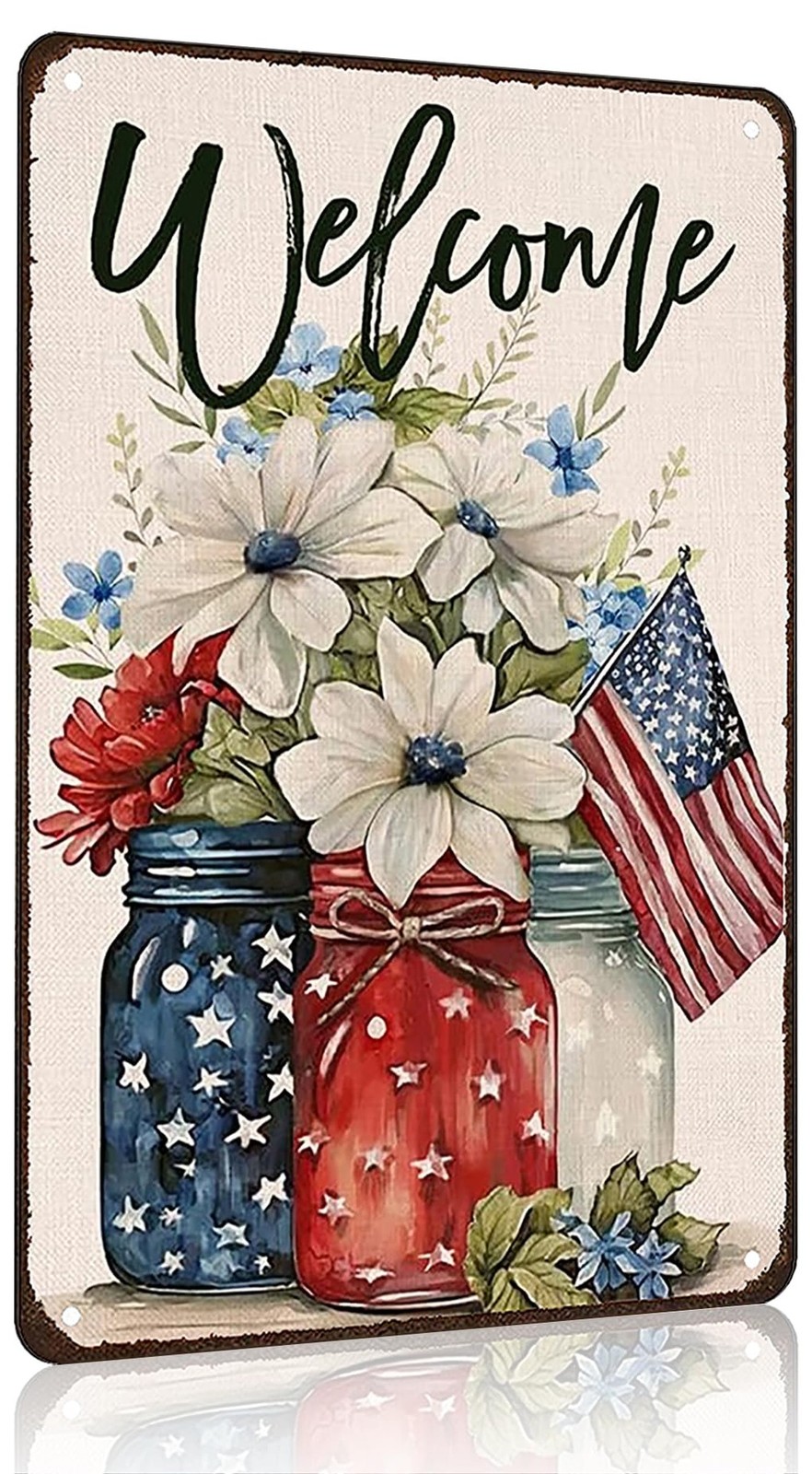 Smilelife Patriotic Floral Mason Jar USA Flag Welcome Tin Sign for Home Bedro…