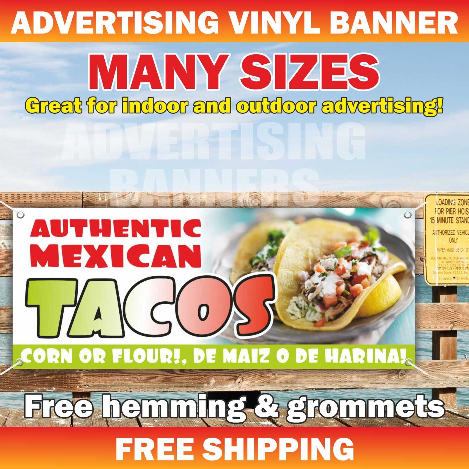 AUTHENTIC MEXICAN TACOS Advertising Banner Vinyl Mesh Sign Street Food Corn Maiz