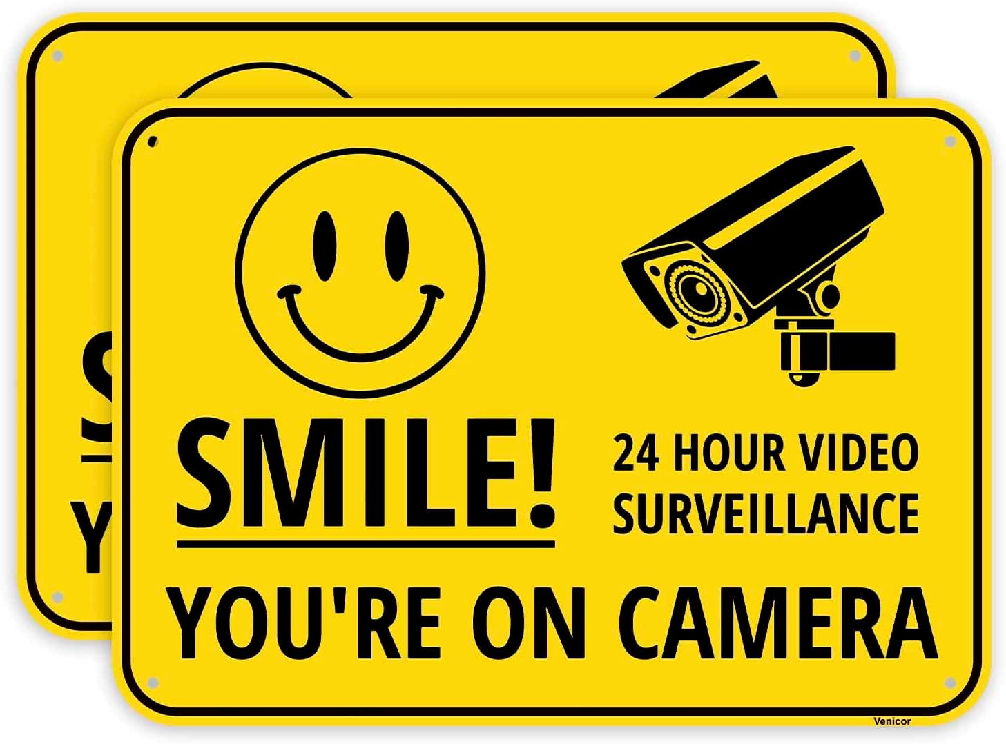 2PC Smile Your on Camera Sign, 14 X 10 Inches – Aluminum – Security Youre