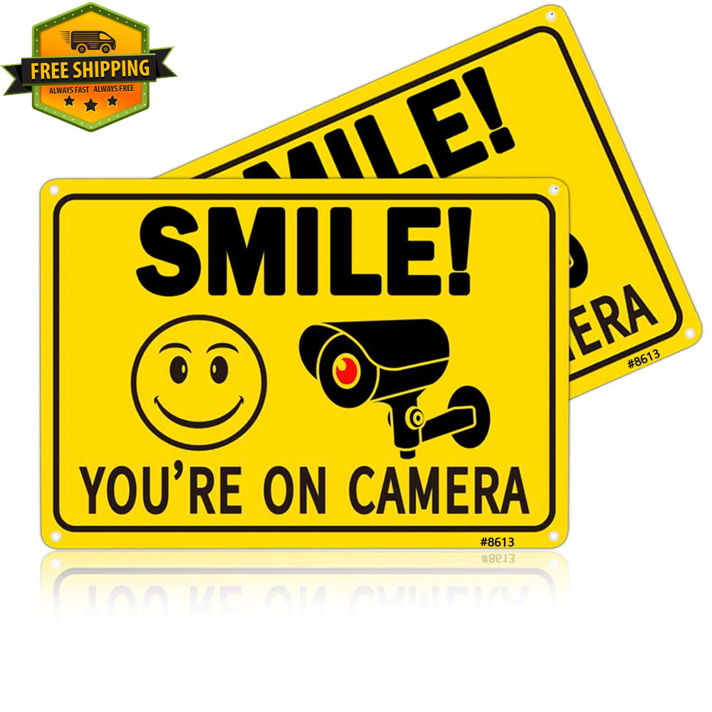2 Pack Smile You’re on Camera Sign 10×7 Aluminum Weatherproof Security Sign