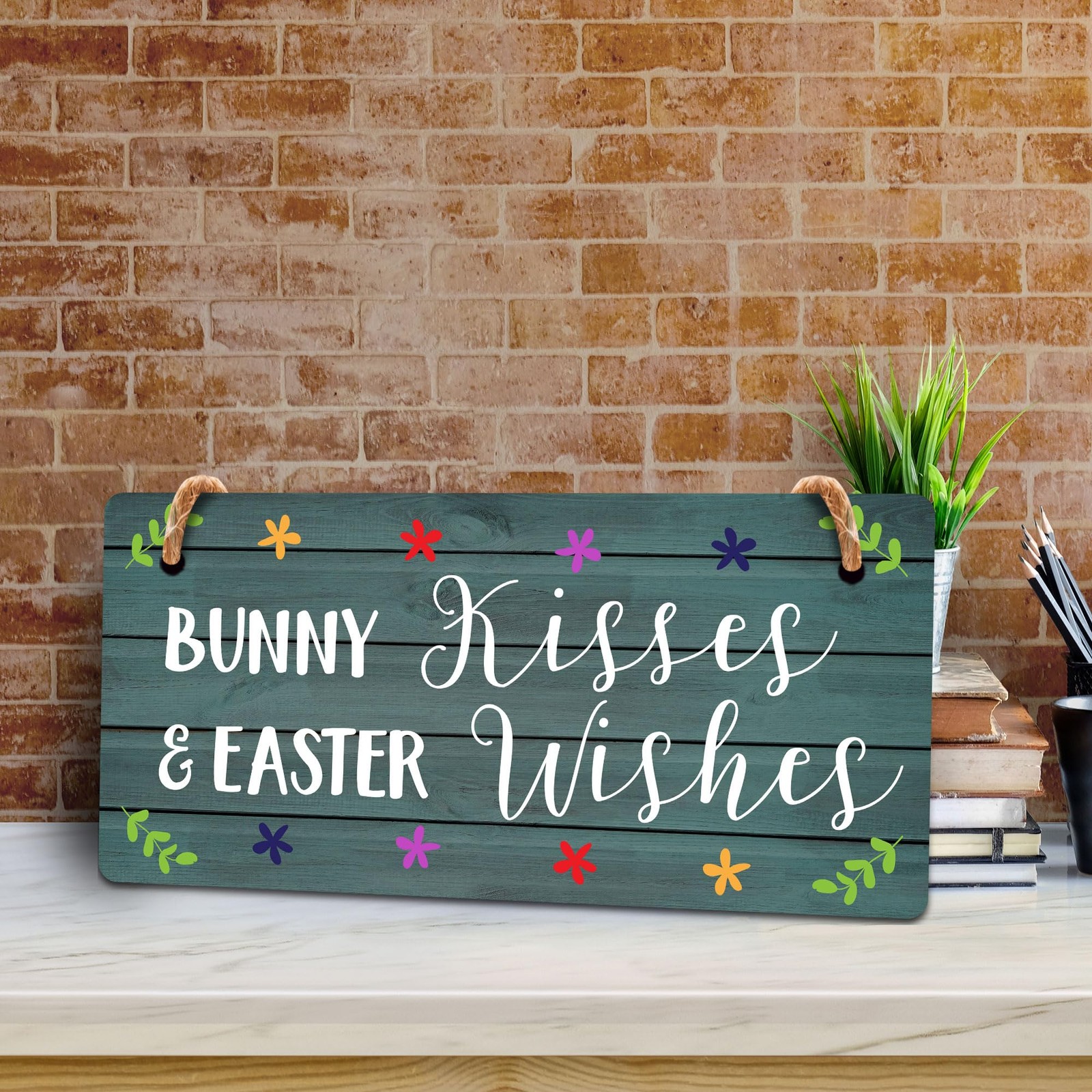 Bunny Kisses & Easter Wishes 5×10 Hanging Wall or Door Sign | Funny Religious