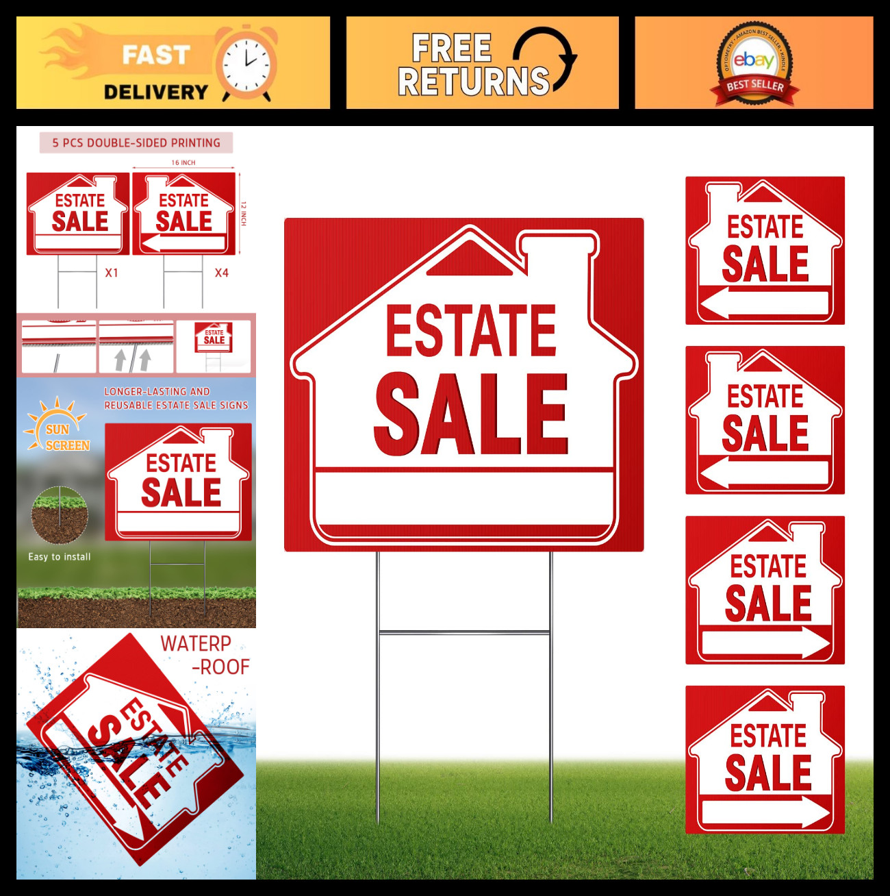 5 Pack Estate Sale Directional Signs – 16×12″ Double-Sided Yard Signs with H Sta