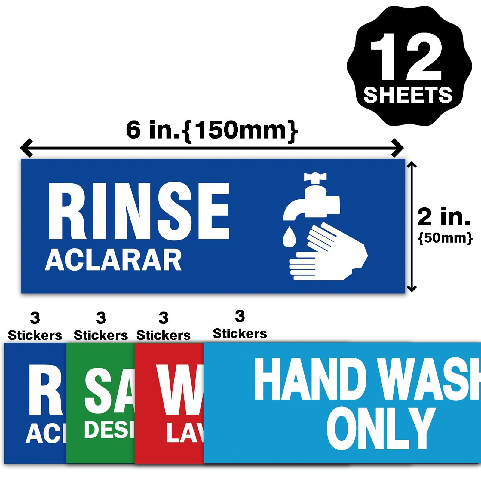 12 Pack Wash Rinse Sanitize Sink Labels, Hand Wash Only Sign, 3 Compartment S…