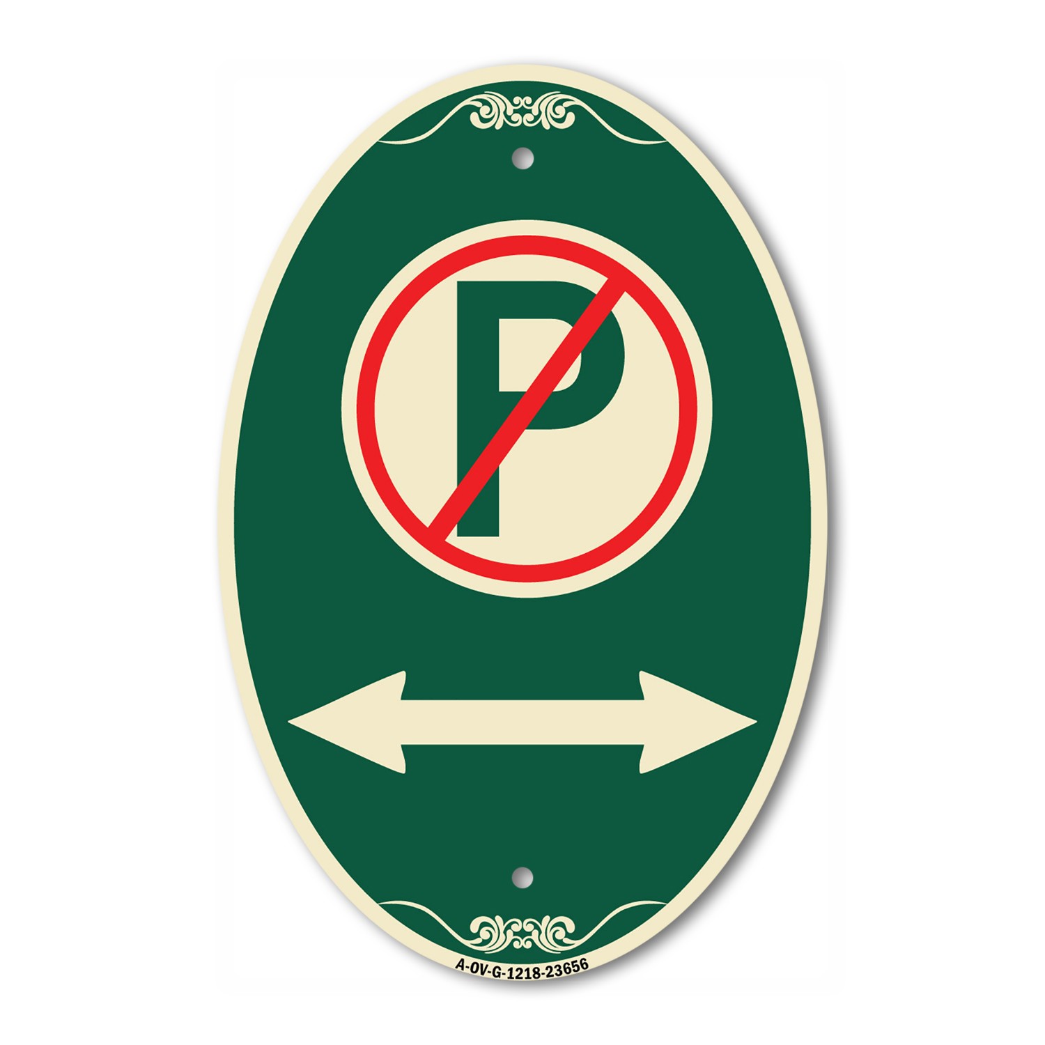 No Parking Symbol with Bidirectional Arrow 12″ x 18″ Green Aluminum Oval Sign