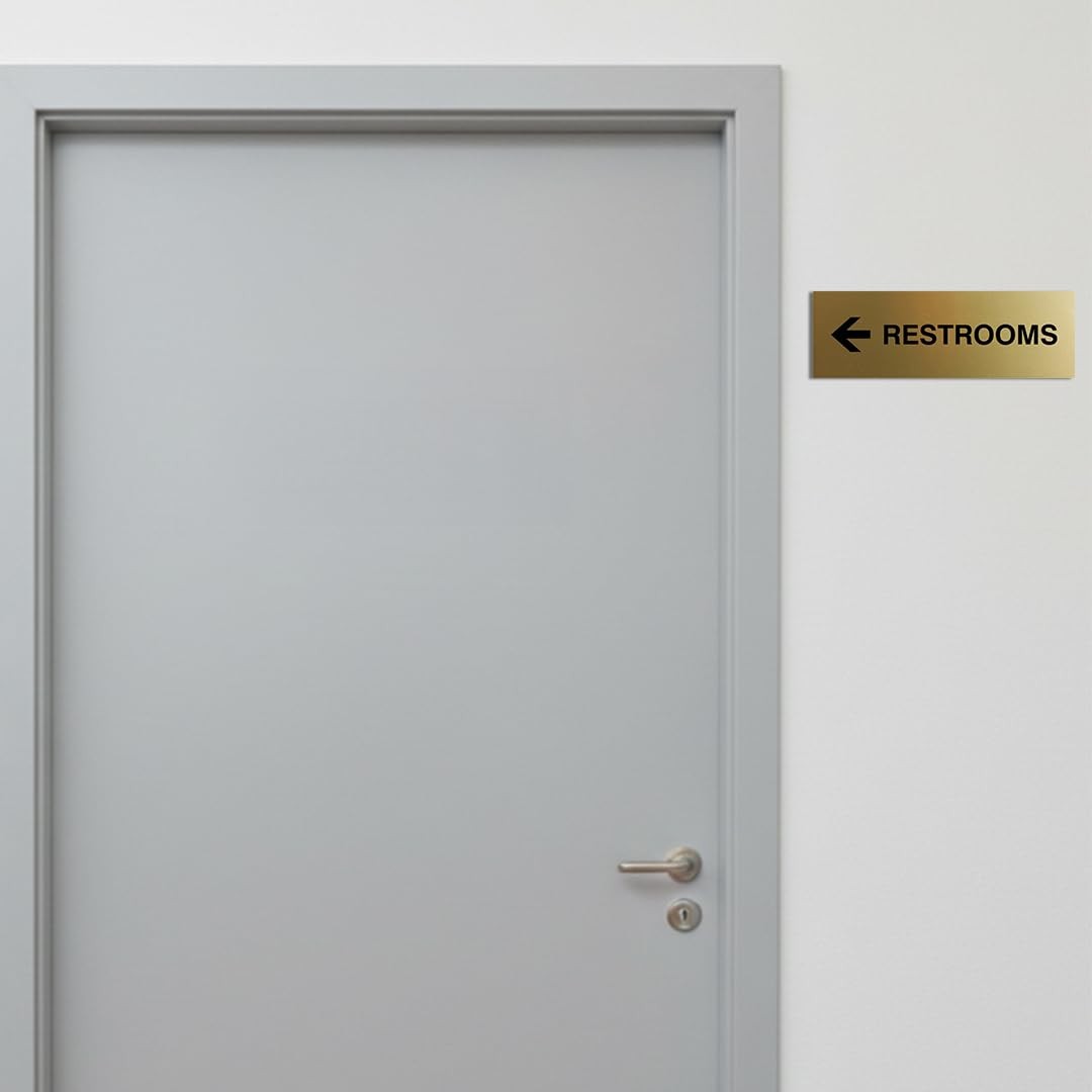 1 Pack Small Basic Restrooms Left Arrow Directional Sign Brushed Gold Door