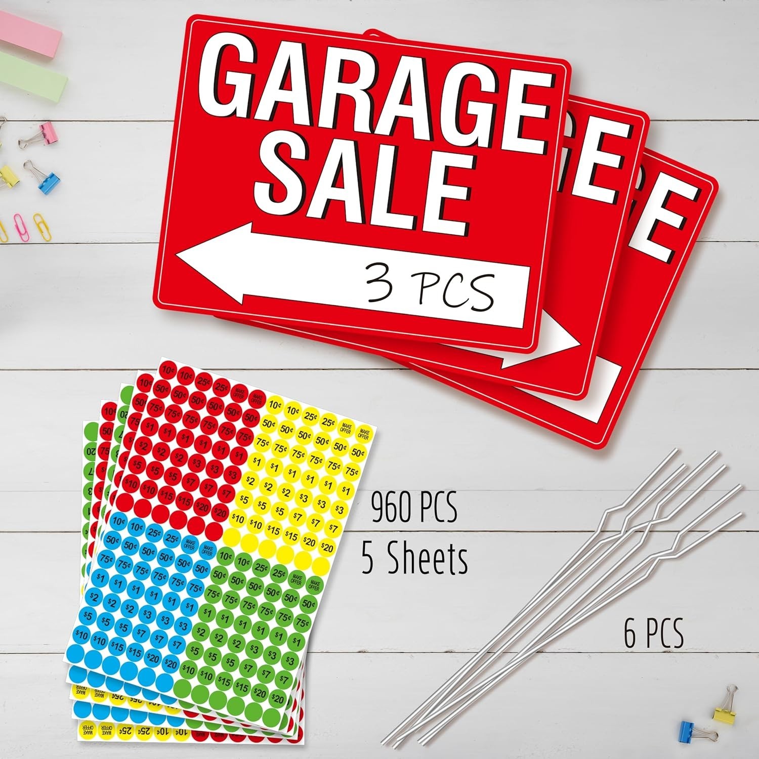 Large Visibility Garage Sale Signs: 3PCS with Price Labels & Sturdy Stakes
