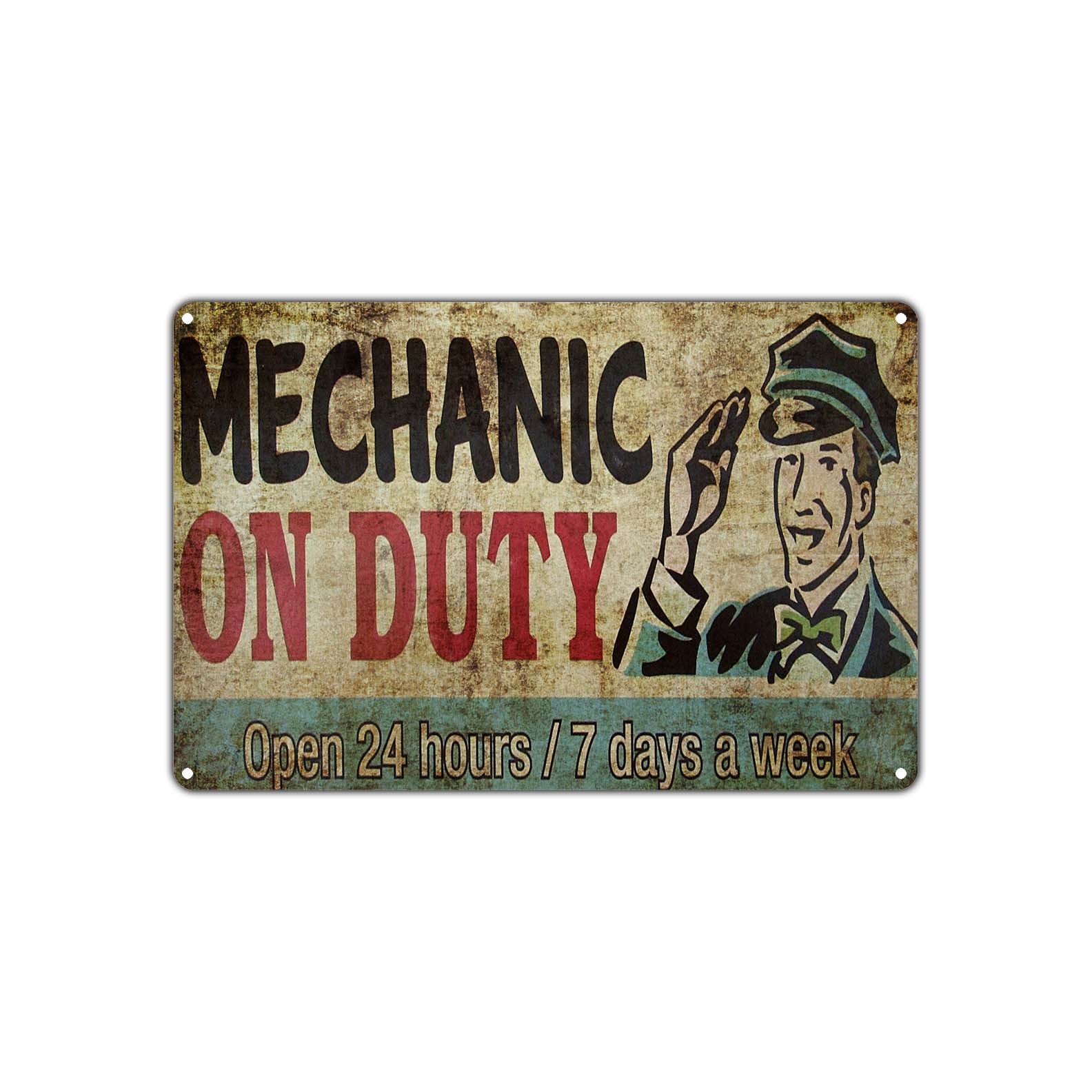 Mechanic On Duty Open 24/7 Vintage Sign For Garage Auto Shop Décor Metal Sign