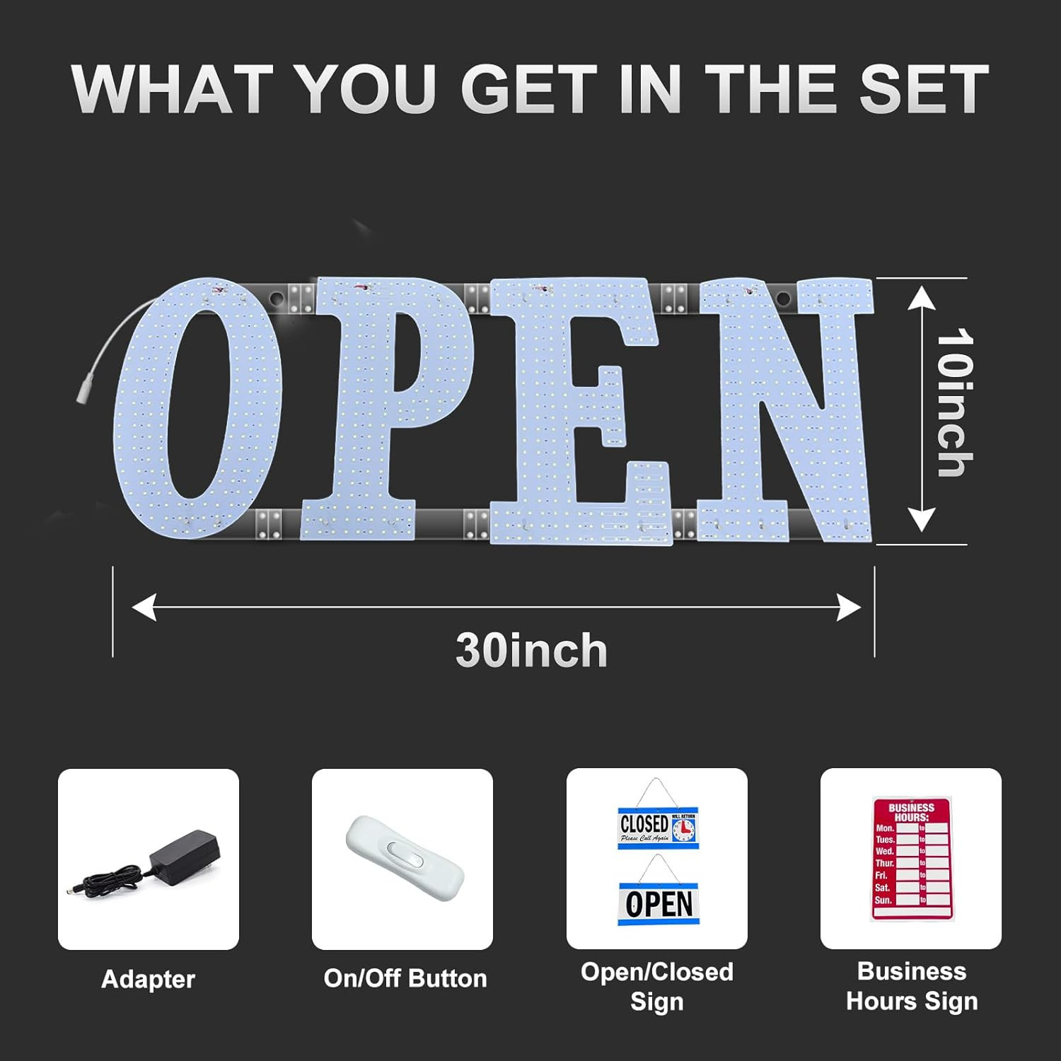 30″x10″ Large LED Open Signs for Business Super Bright Unique Design White Open