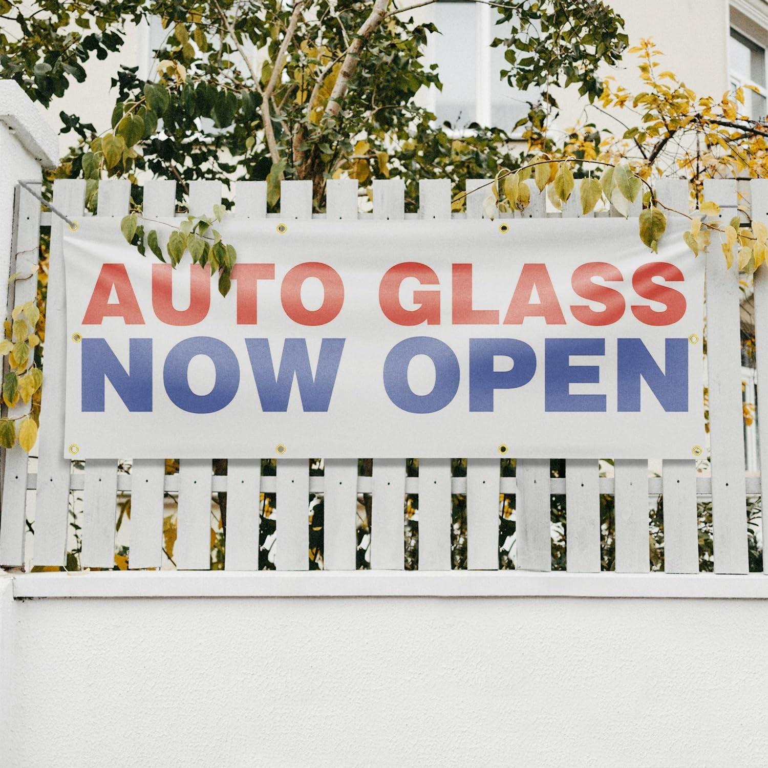 SignMission Auto Glass Now Open Banner Sign 36 x 96 Inch 13 oz Vinyl Metal