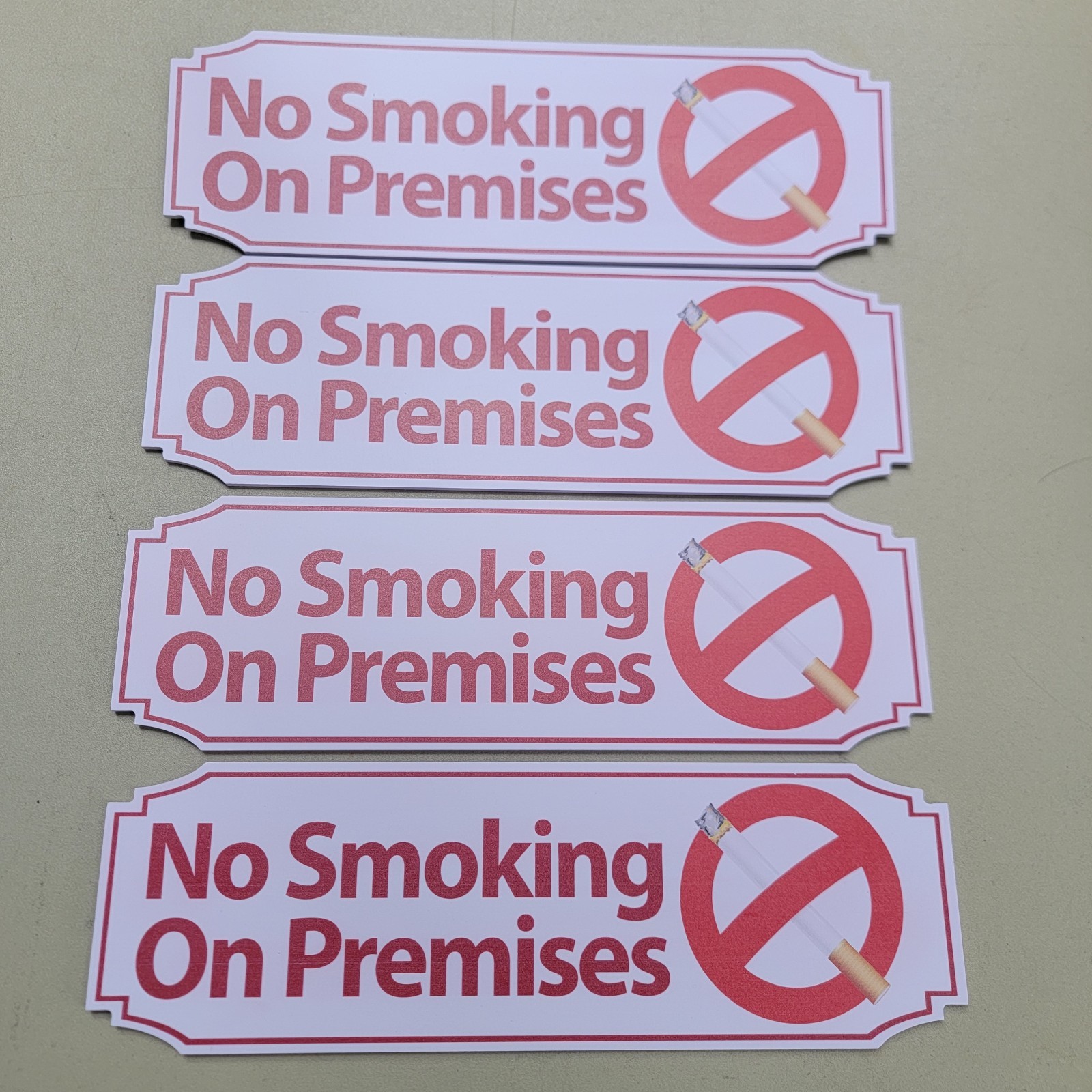 New (4) FOUR Pack No Smoking on Premises Signs Ready to Hang 3M Adhesive on Back