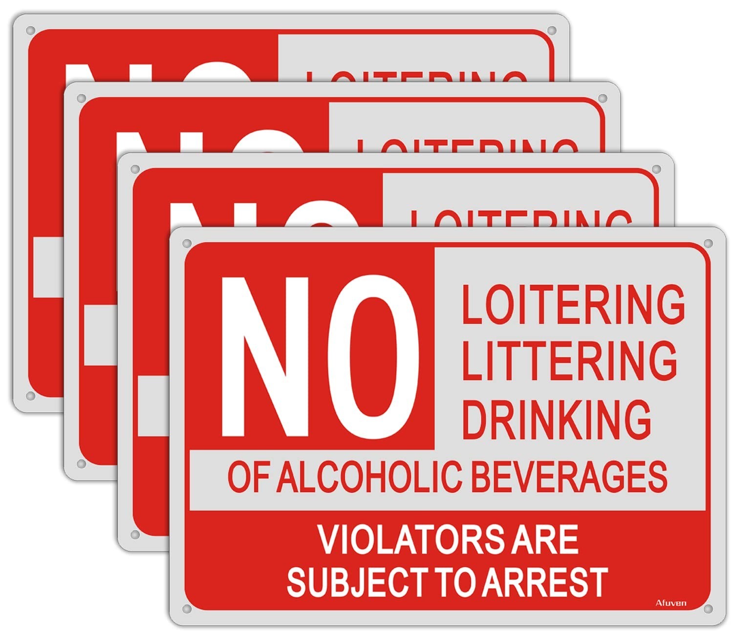 4 Pack No Loitering, No Littering, No Alcohol Signs – Metal Reflective 10″x14″ O