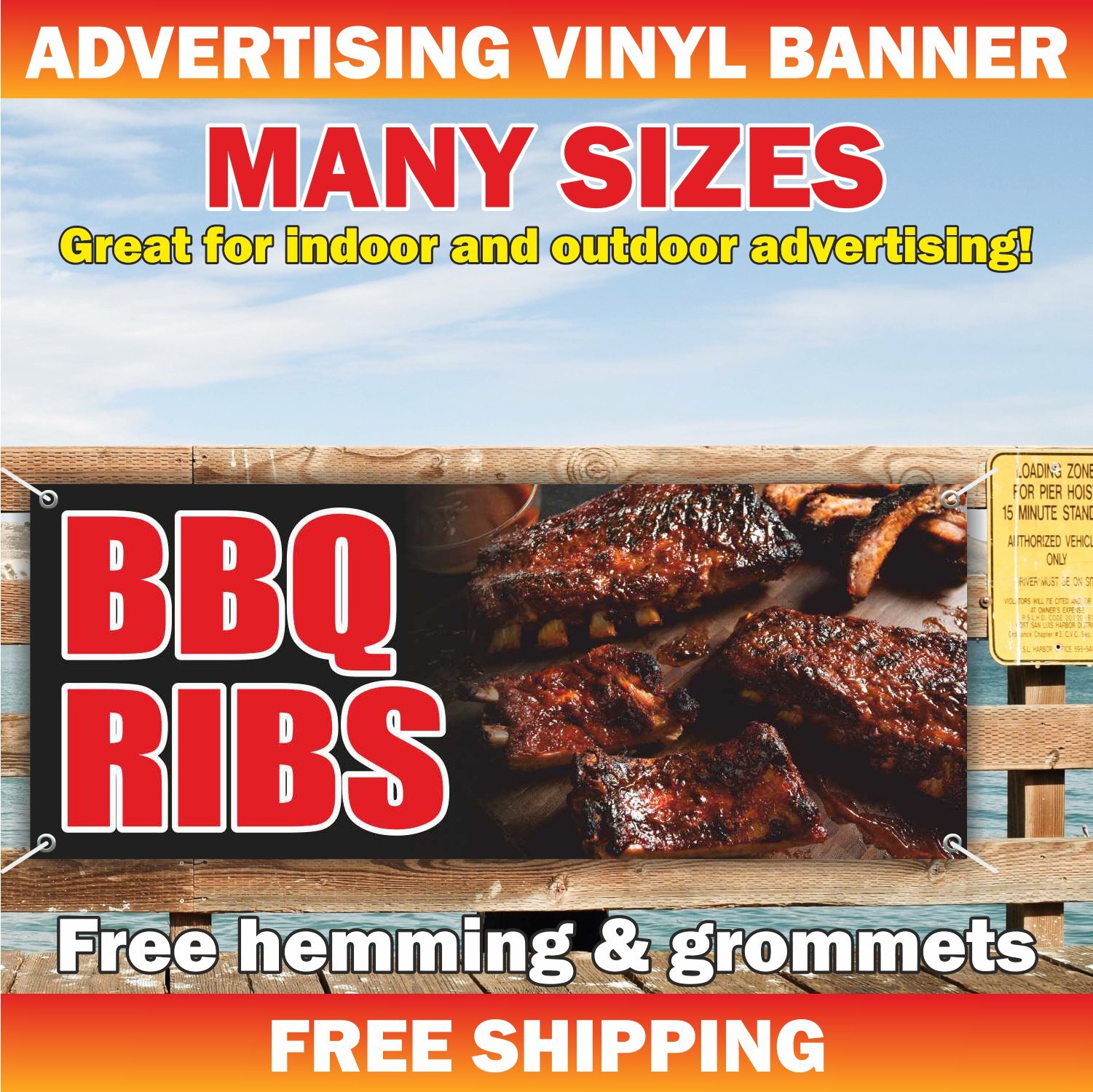 BBQ Ribs Advertising Banner Vinyl Mesh Sign WINGS Grilled BRISKET BARBEQUE Bar