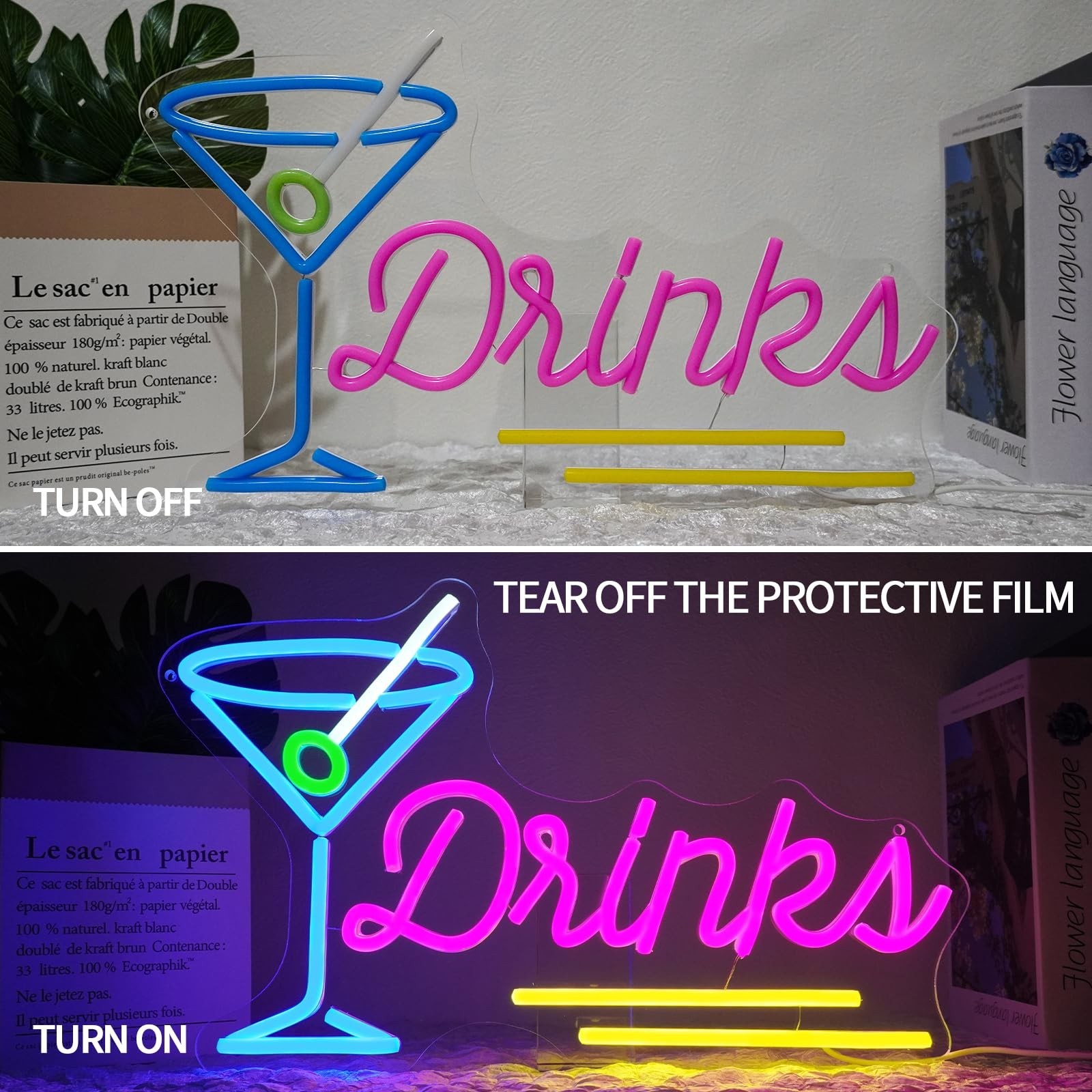 Drinks Neon Sign Dimmable Cocktail Neon Light Sign for Wall Decor Blue Pink L…