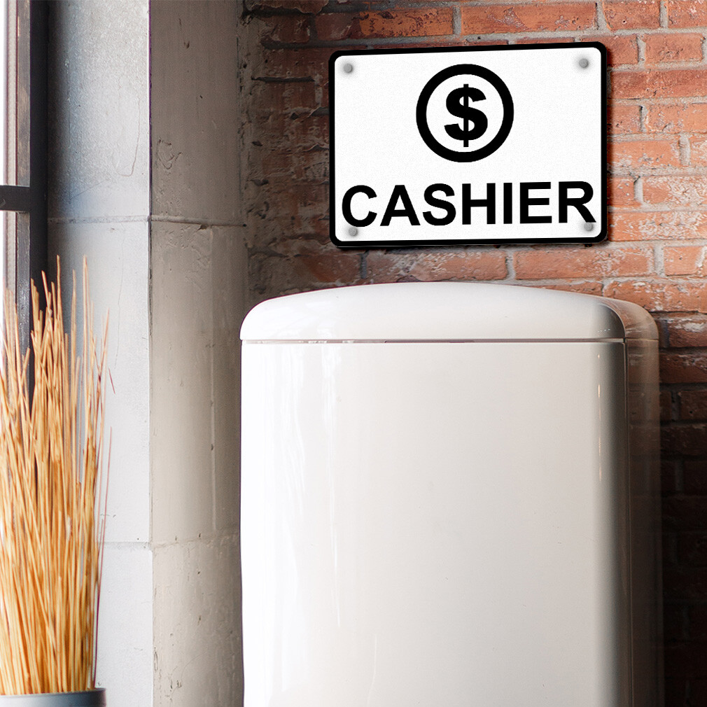 Aluminum Horizontal Metal Sign Cashier Black on White W Symbol Business