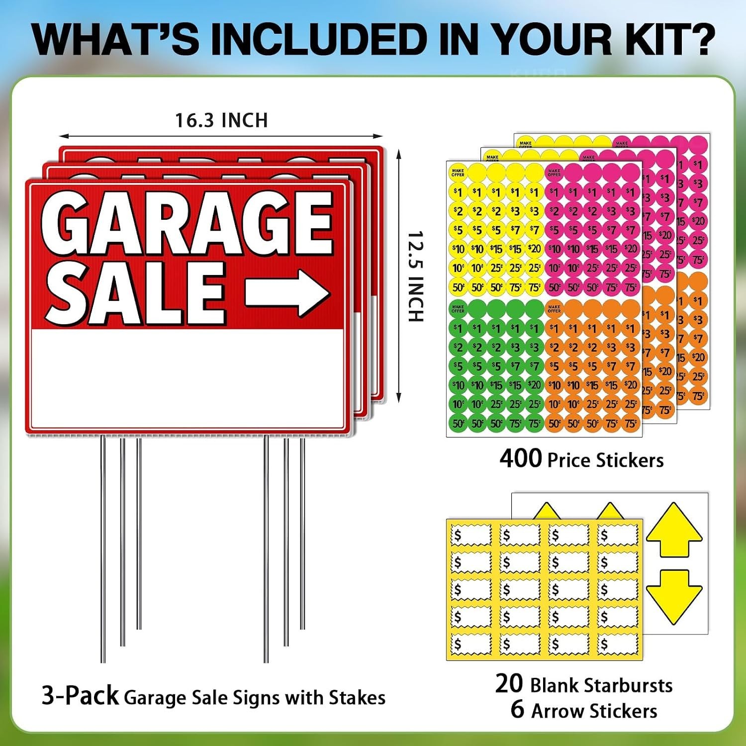 Garage Sale Signs with Stakes 3 Pack Kit – Double Sided Yard Sale Signs with …