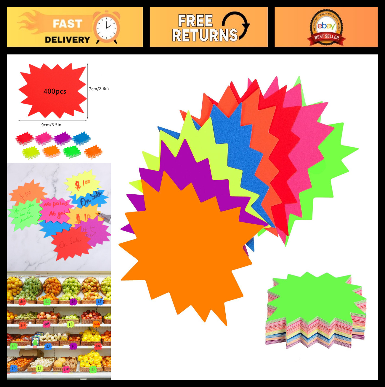 400 Yard Sale Price Stickers – Neon Starburst Labels for Garage Sales & Displays