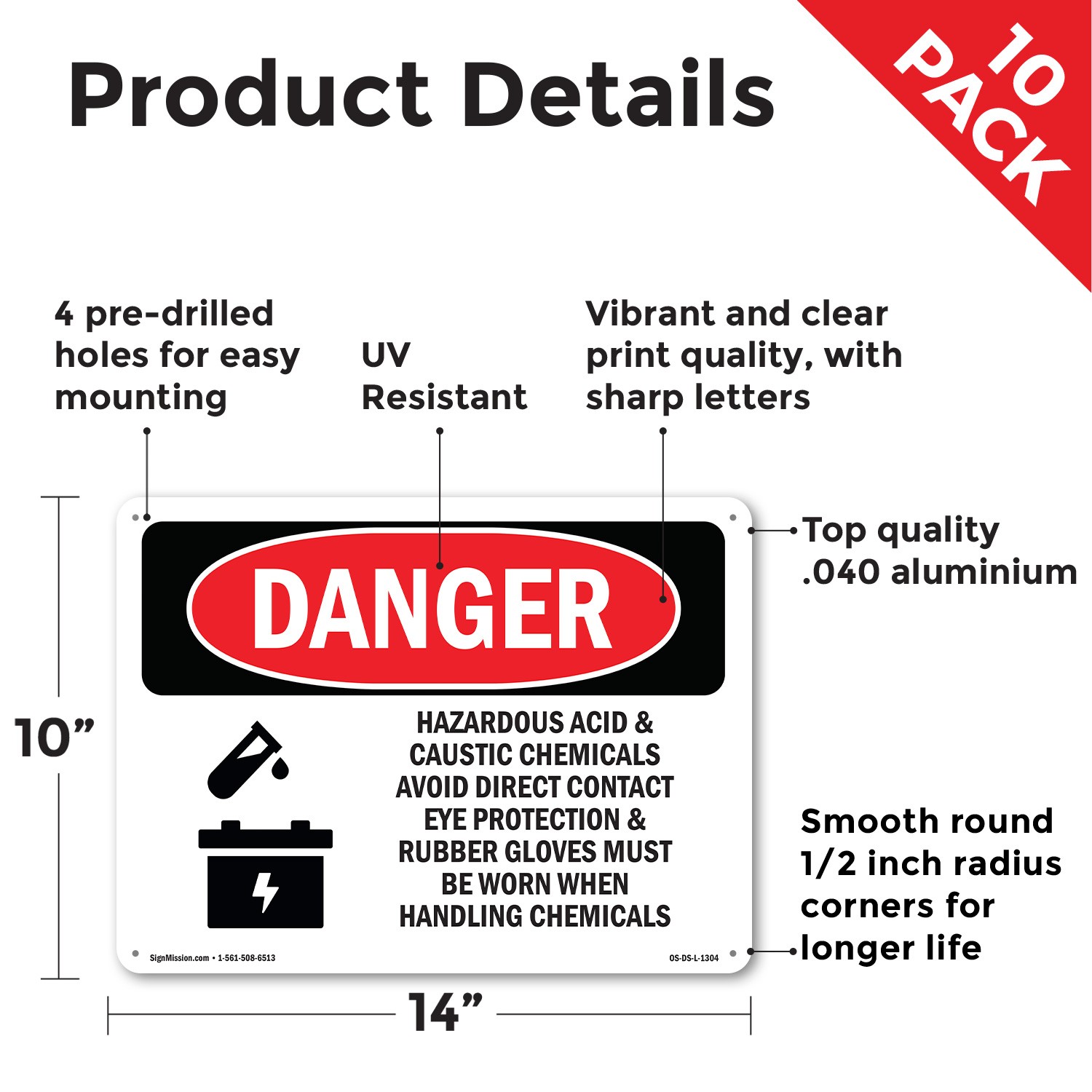 Acid Caustic Eye Rubber Gloves Chemicals OSHA Danger Sign, Decal 5 or 10 Pack