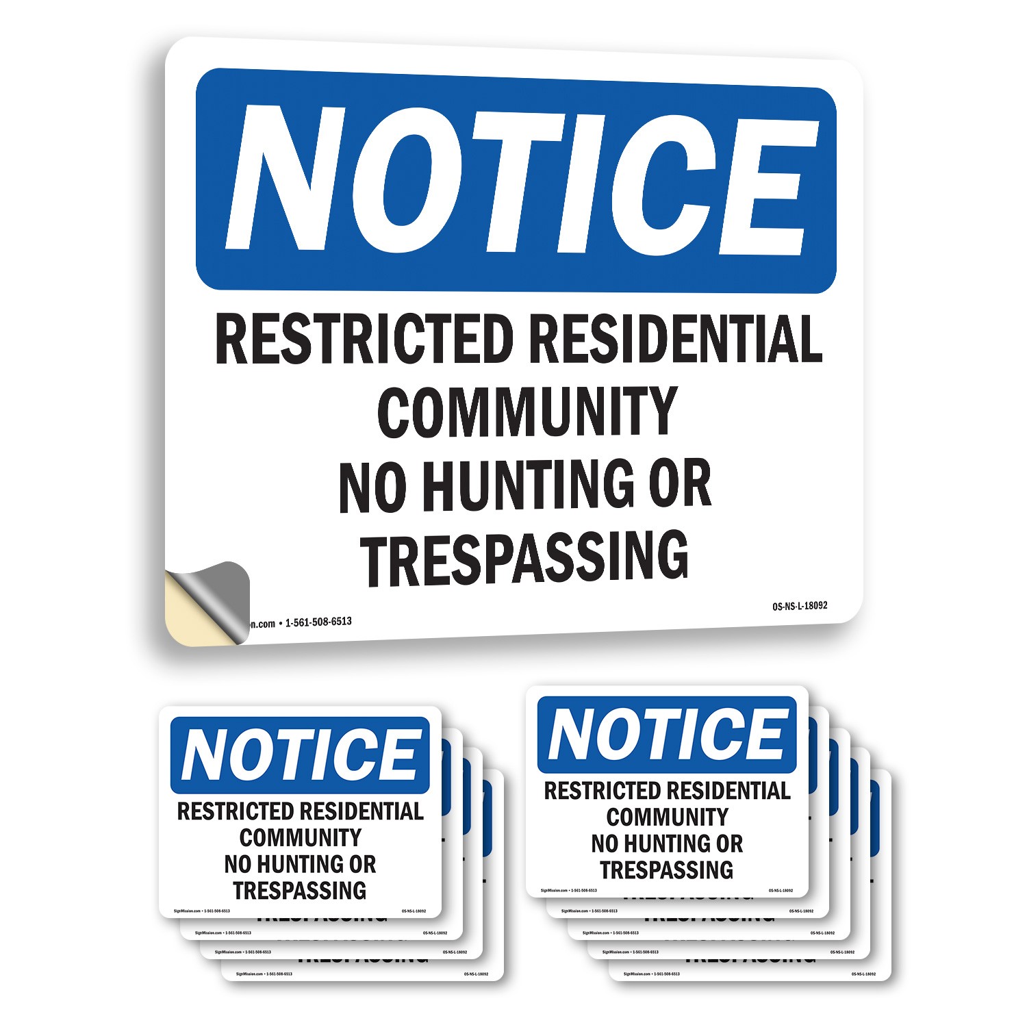 Restricted Residential Community No Hunting OSHA Notice Sign, Decal 5 or 10 Pack