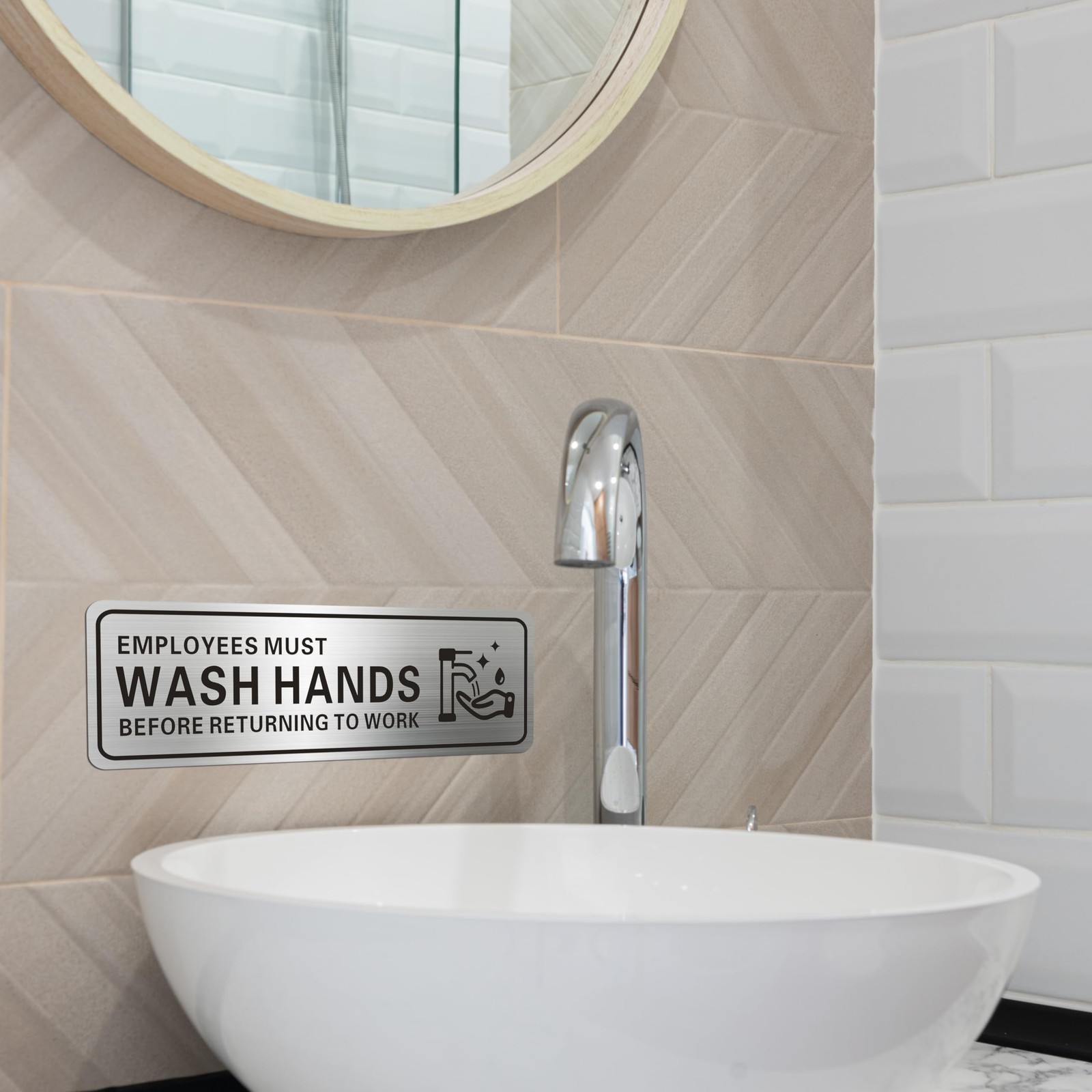 1-PC 9×3 Employees Must Wash Hands Sign Stainless Steel, Self Adhesive, Metal