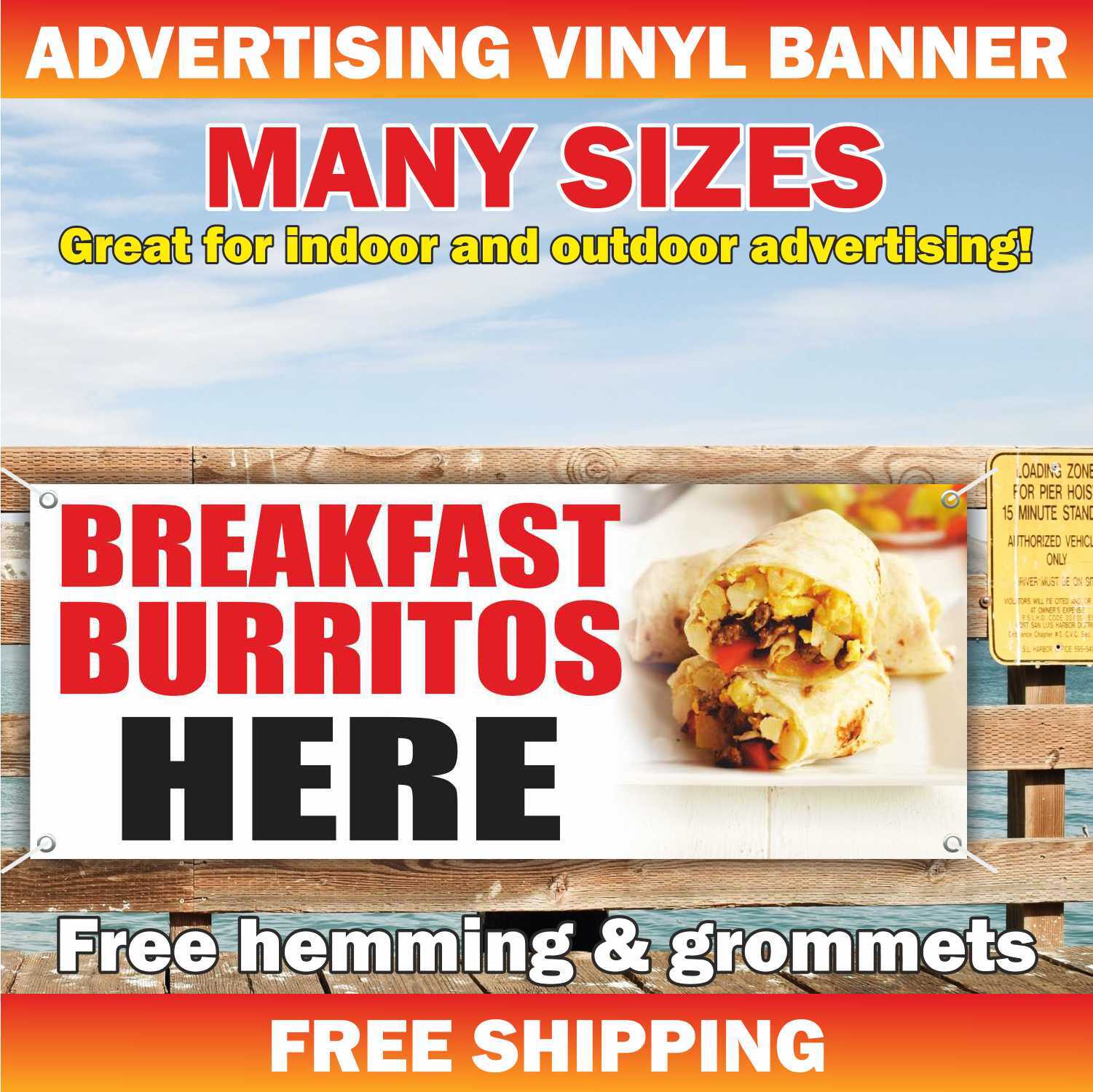 BREAKFAST BURRITOS HERE Advertising Banner Vinyl Mesh Sign Mexican food tacos