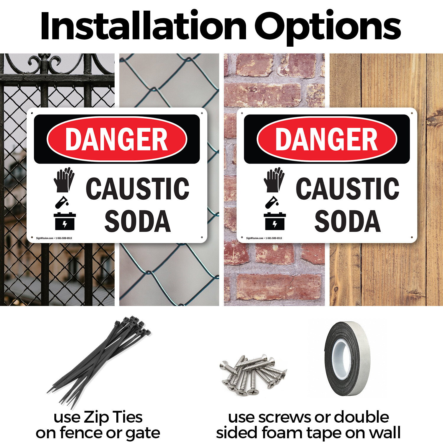 (2 Pack) Caustic Soda OSHA Danger Sign Decal Metal Plastic