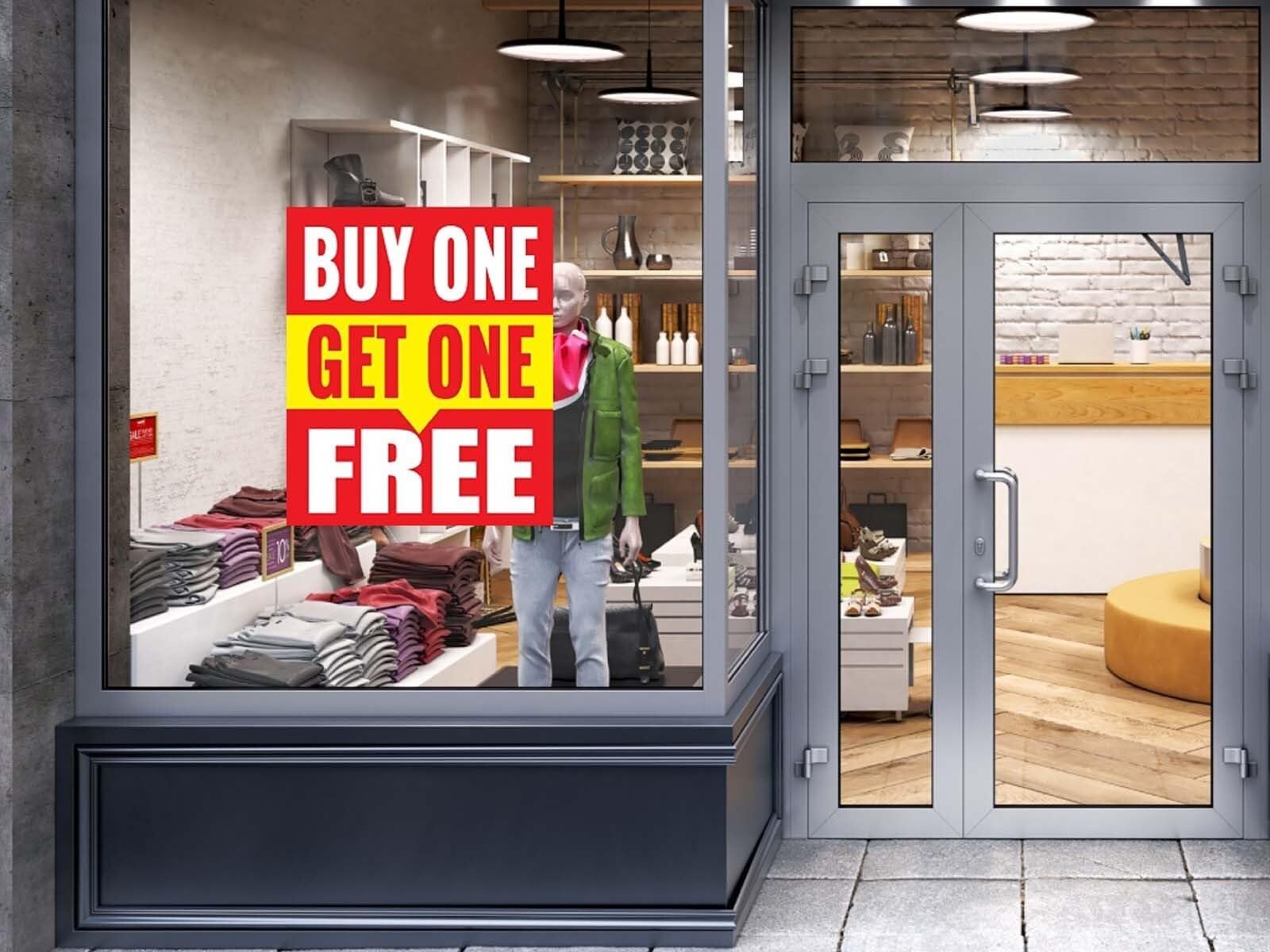 BOGO Free Store | Retail Window Display Sign | 18″W x 24″H | 5 Pack