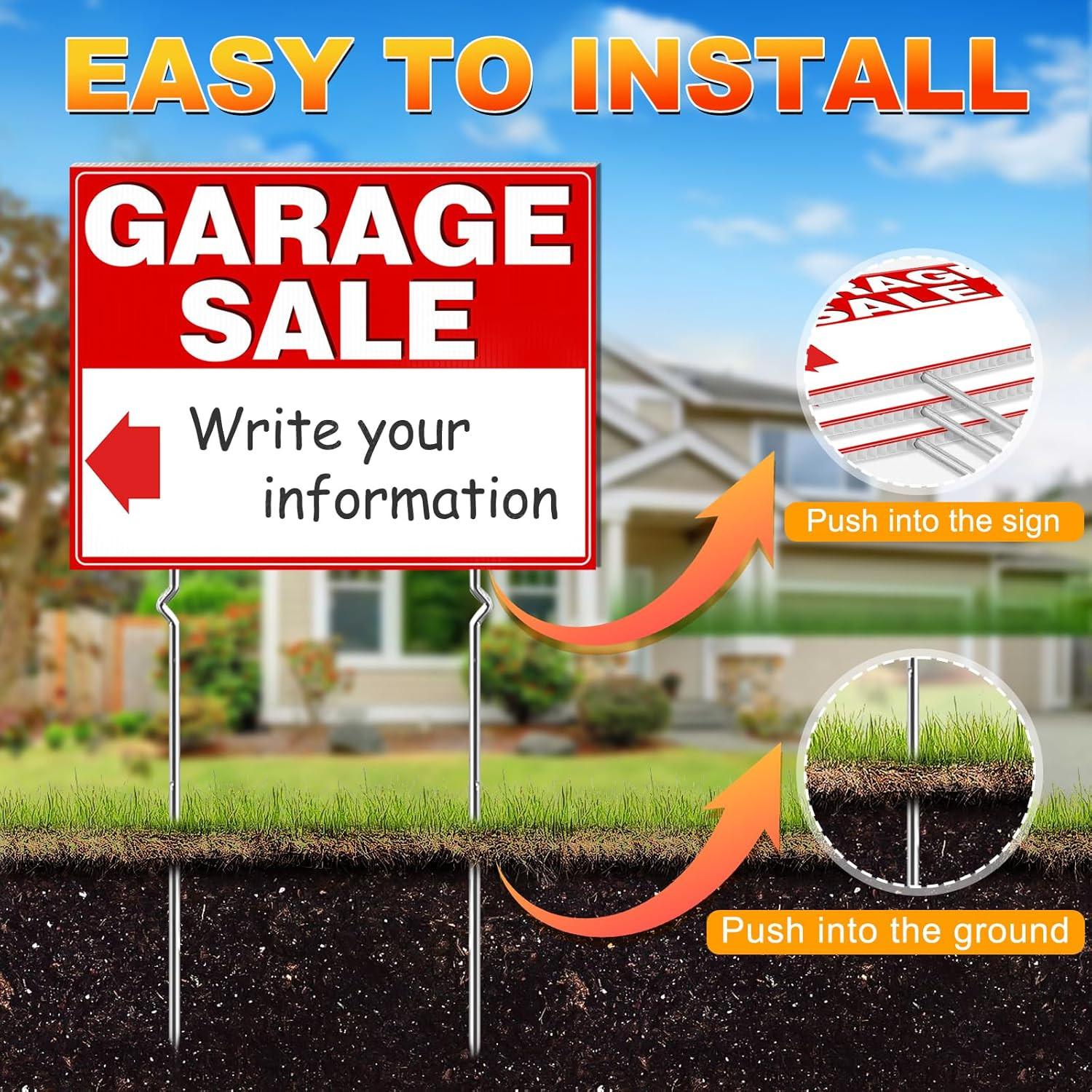 Garage Sale Signs, 3 Pcs Yard Signs with Metal Stakes, 17X13 Inch Double Sided L
