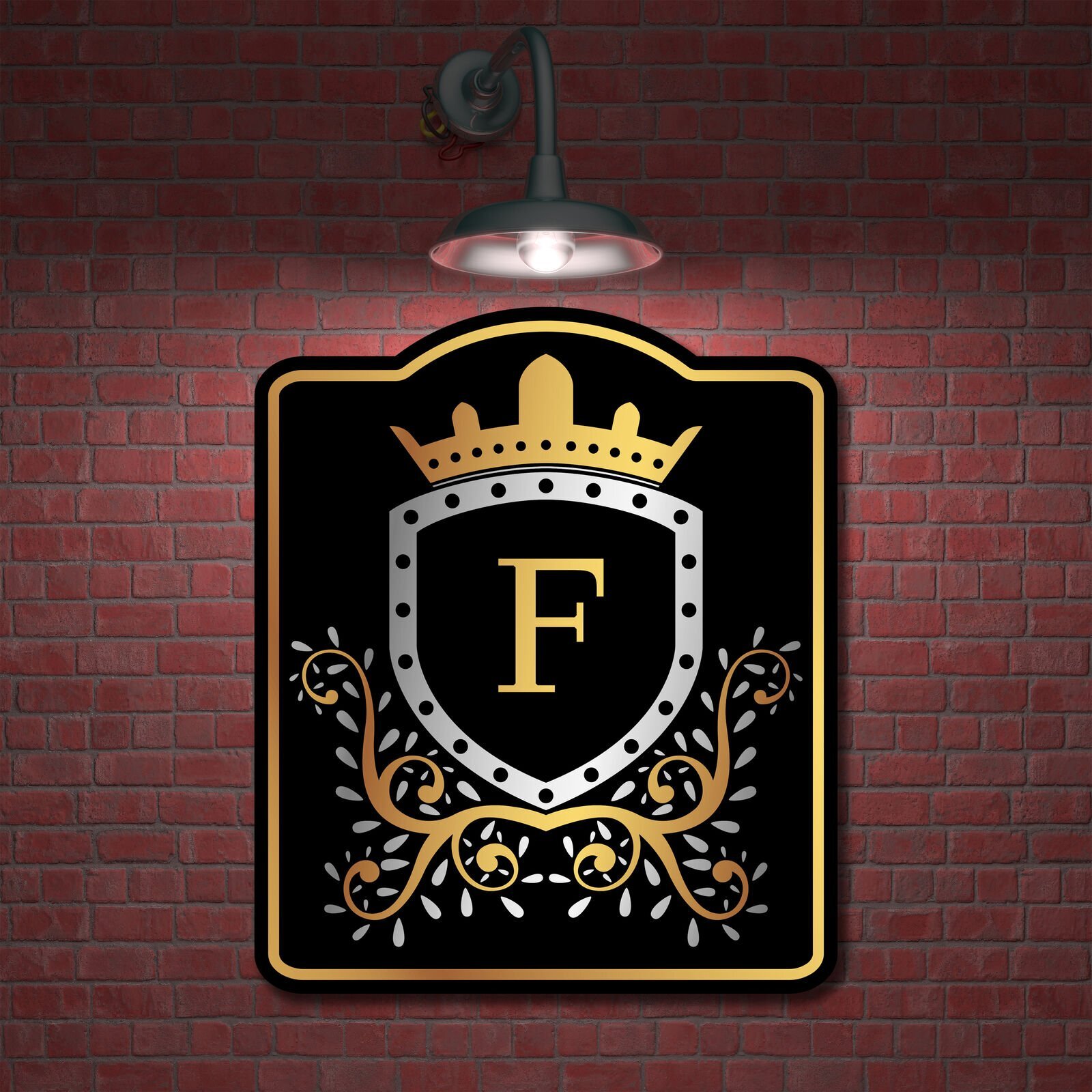 Letter F Initial Fancy Gold Crown Royal BLACK Aluminum Composite Sign