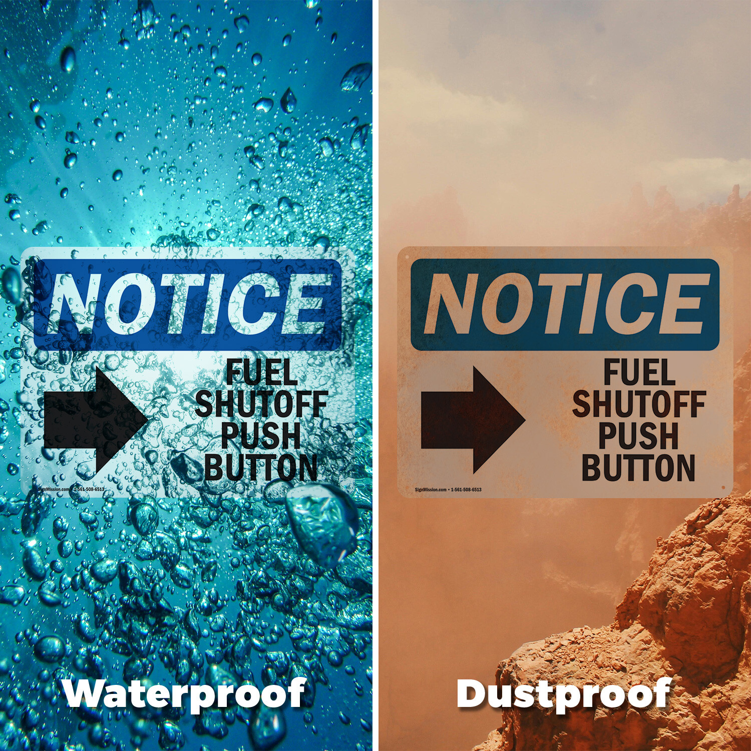 (2 Pack) Fuel Shutoff Push Button [Right Arrow] OSHA Notice Sign Decal Metal