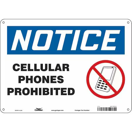 Condor 451P53 Safety Sign Cell Phone, 10 In H, 14 In W, Polyethylene,
