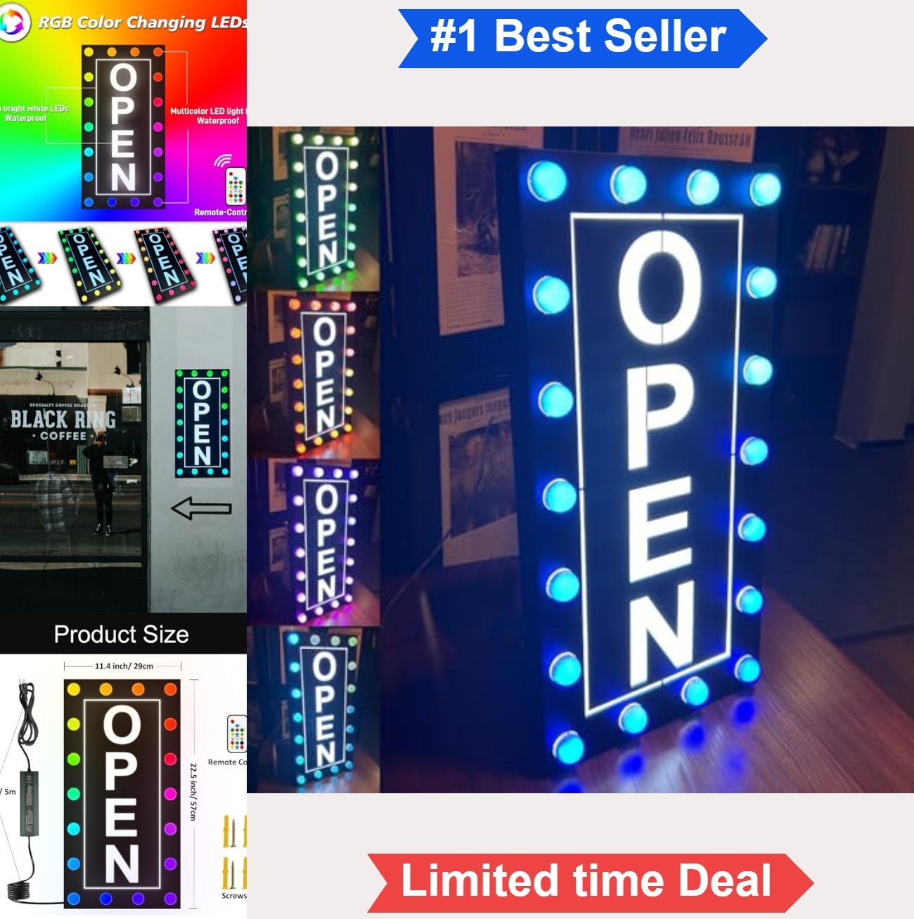 LED Open Sign for Business Outdoor Waterproof RGB Color Changing Remote Black