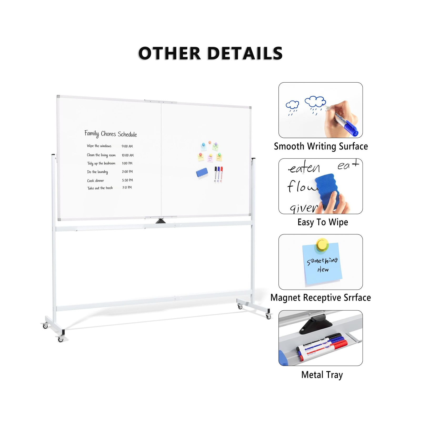 Large Rolling Whiteboard on Wheels, 72″ x 40″ Double-Sided Mobile White Board…