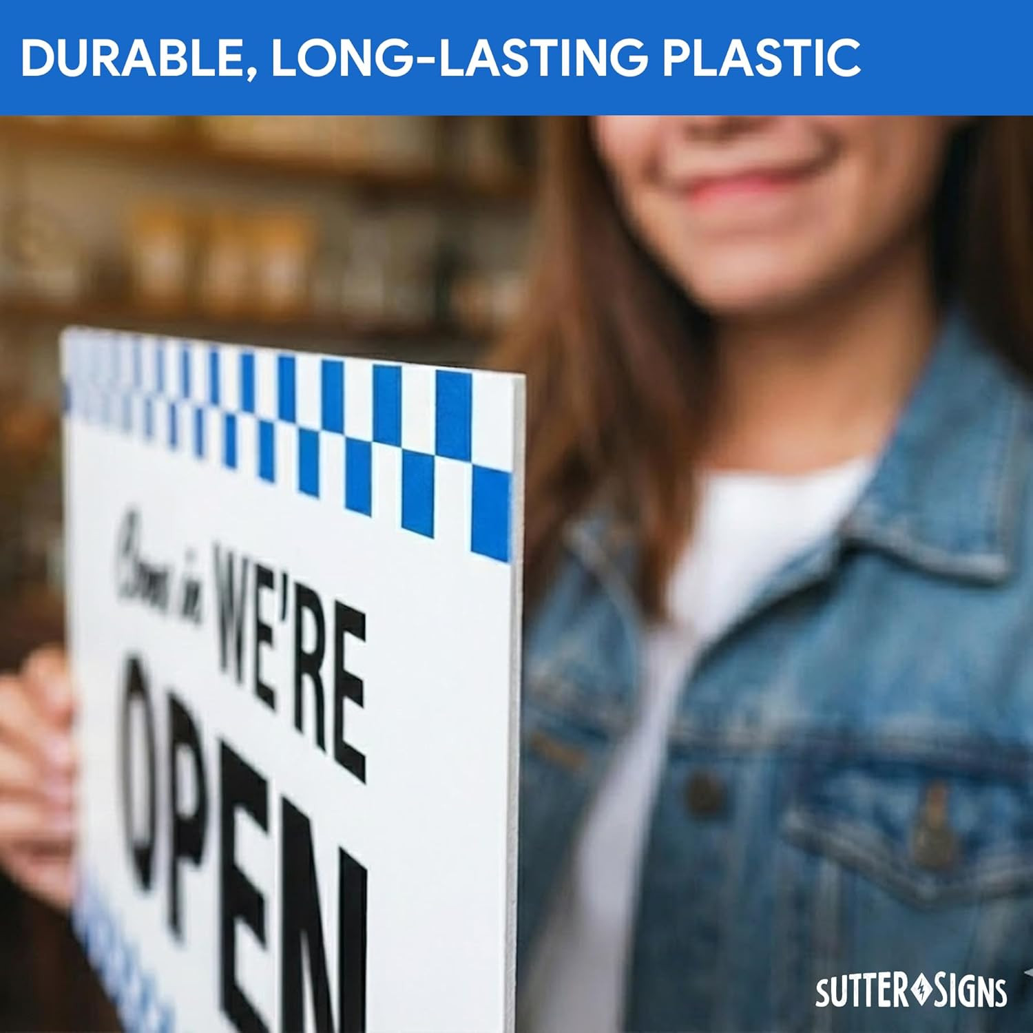 Open Closed Sign for Business, 10″ X 6″ Double Sided Plastic Sign with Twine, Su