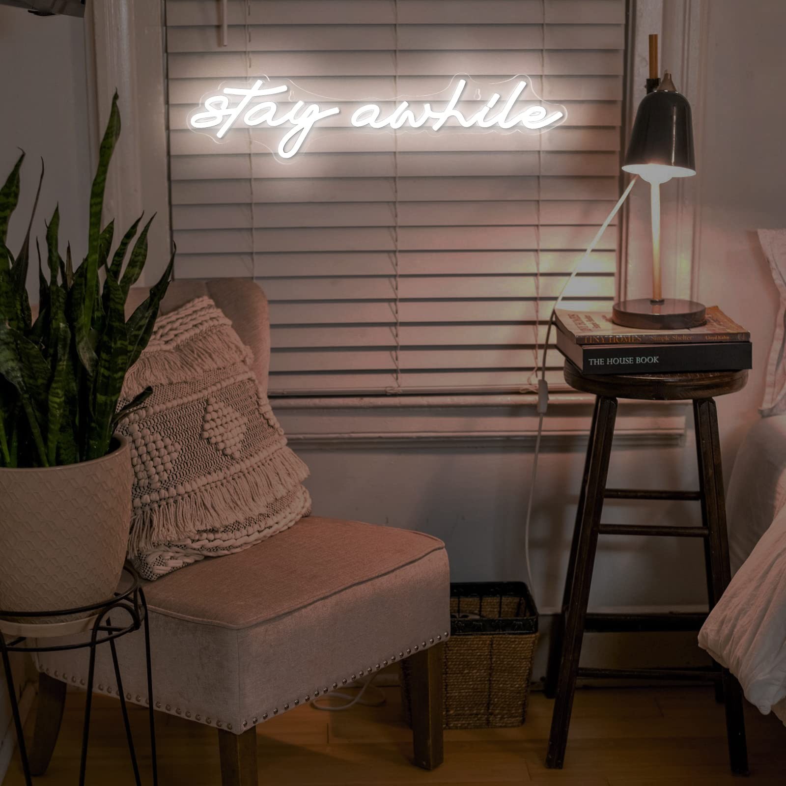Stay Awhile Neon Signs – IMEGINA Dimmable LED Neon Sign for Wall Decor 19.7×5…
