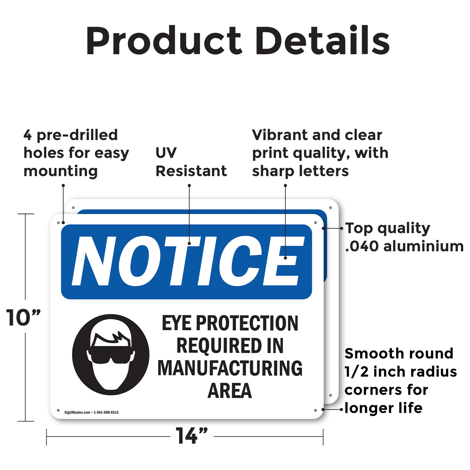 (2 Pack) Eye Protection Required In Manufacturing OSHA Notice Sign Decal Metal