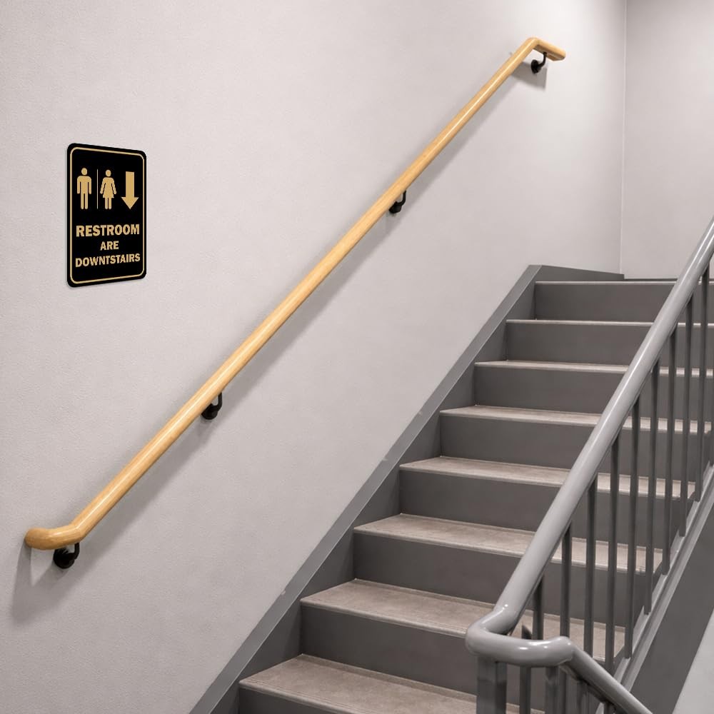 Large Portrait Round Restrooms Are Downstairs Sign Black Bathroom Door Marker