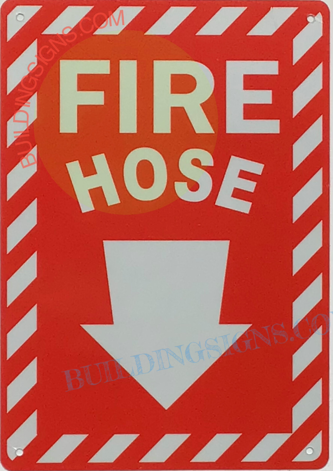 FIRE HOSE SIGN ARROW DOWN 7X10 INCH RED , ALUMINUM