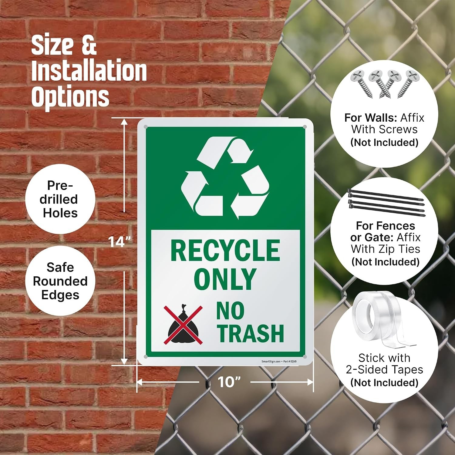 14 x 10 inch “Recycle Only – No Trash” Metal Sign with Symbol, 40 mil Laminat…