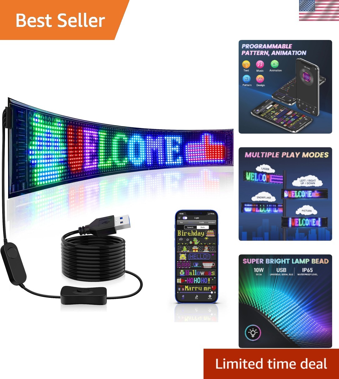 Versatile 27”x5” LED Store Sign – Connect via App & Create Stunning Displays
