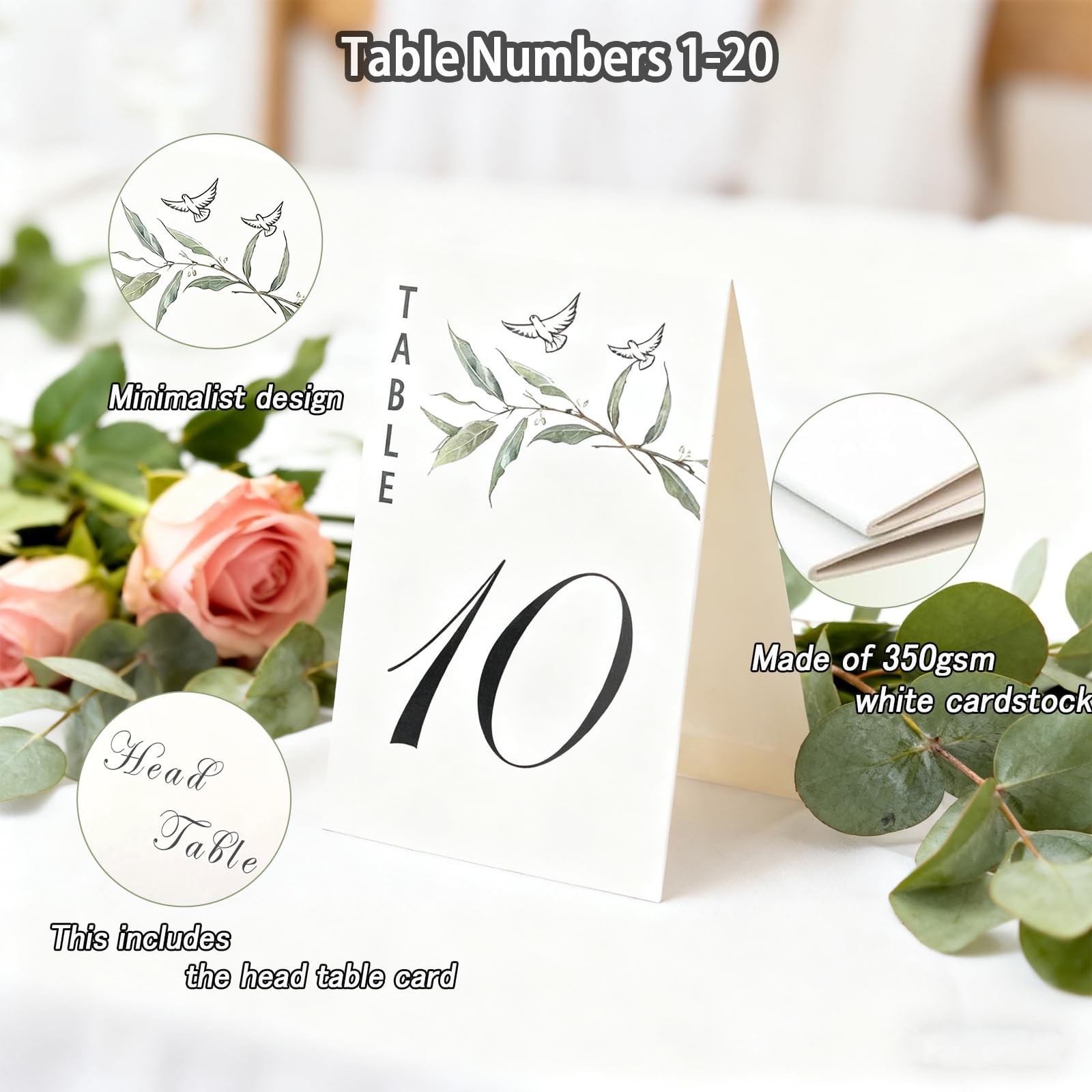 Elegant Wedding Table Numbers 1-20 with Head Table, 4×6 Inch White Art Paper …