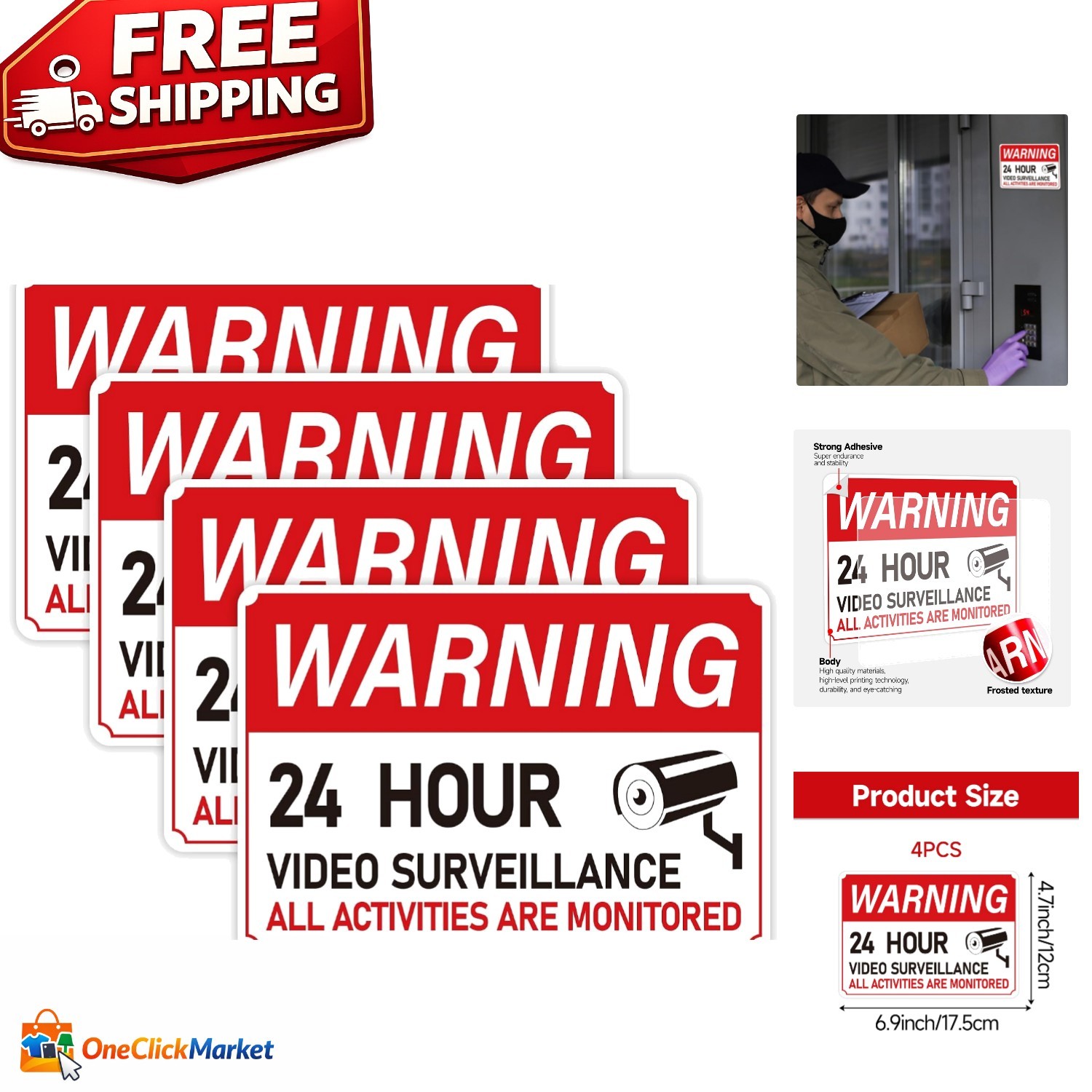 4 Pack Video Surveillance Signs, 6.9 x 4.8 Inch Aluminum Camera Signs, CCTV S…