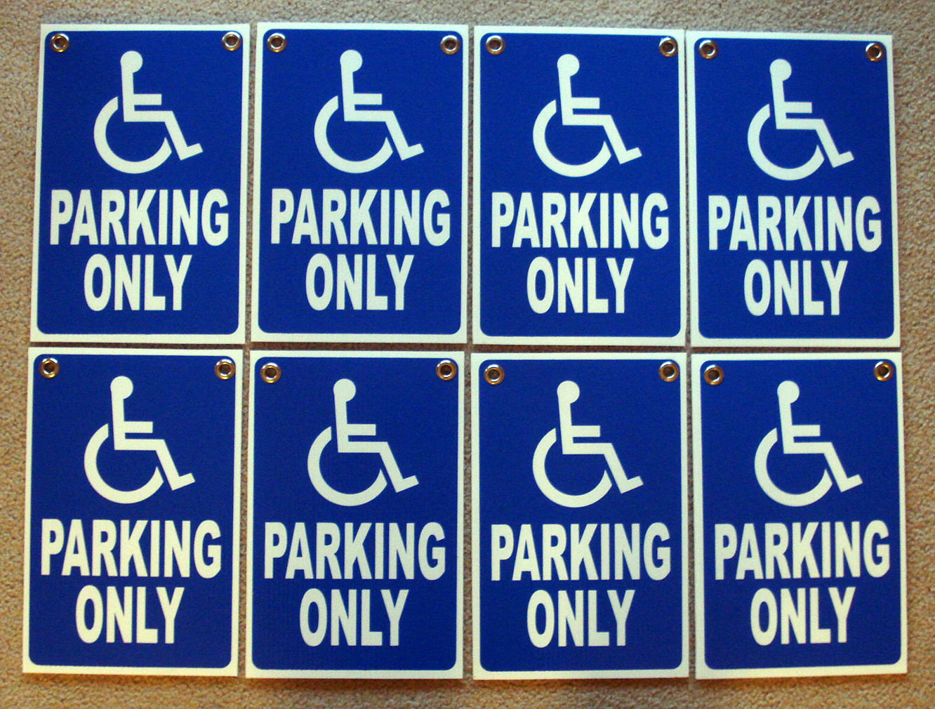 (8) HANDICAP PARKING ONLY w/Symbol 8″ x12″ Plastic Coroplast Signs w/Grommets